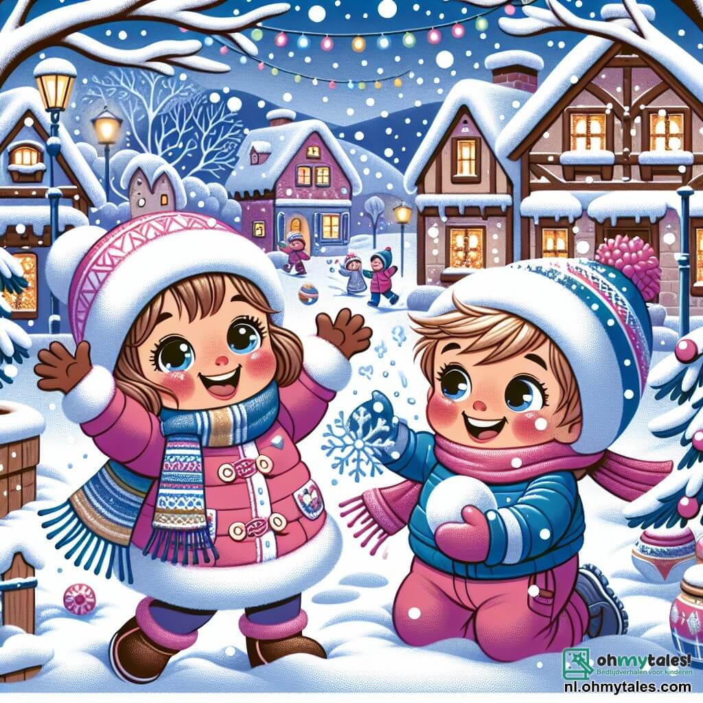 Een meisje van 3 jaar met grote glanzende ogen en roze wangen draagt een dikke roze jas en een kleurrijke sjaal. Ze lacht hard, met haar armen omhoog, terwijl ze probeert sneeuwvlokken te vangen die zachtjes uit de lucht vallen. Naast haar staat een jongen van 4 jaar met rommelig blond haar, gekleed in een blauwe overall en een rode muts. Hij glimlacht terwijl hij een sneeuwbal naar het meisje gooit, wat bijdraagt aan de vrolijke sfeer van de scène. Op de achtergrond ligt een pittoresk dorp bedekt met een dikke laag sneeuw, met houten huizen met besneeuwde daken en fonkelende lichten die de ramen versieren. Bomen zonder bladeren, bedekt met sneeuw, omzomen het pad. De hoofdscène toont het meisje en de jongen die samen in de sneeuw spelen, herinneringen creërend op een mooie winterdag, omringd door de magie van het seizoen.