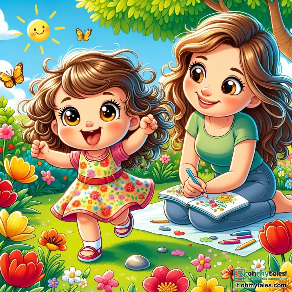 Una bambina di 2 anni, Lina, con grandi occhi brillanti e capelli ricci, indossa un vestito colorato a fiori. È gioiosa e sorridente, corre in un giardino soleggiato con le braccia aperte, meravigliata dai fiori che la circondano. Sua mamma, una donna di circa 30 anni con capelli lunghi e castani, è seduta su una coperta nelle vicinanze, sorridendo mentre guarda la figlia. Tiene un quaderno da disegno e dei pastelli, pronta a disegnare i tesori che Lina scopre. Il giardino è pieno di fiori dai colori vivaci, come tulipani rossi e narcisi gialli, con farfalle che volano intorno. Un grande albero verdeggiante offre ombra, e il cielo è di un blu brillante con alcune nuvole bianche e soffici. Lina cerca tesori nel giardino, tenendo un bel sasso lucido nella sua manina, mentre esclama con entusiasmo, pronta a mostrare la sua scoperta alla mamma.