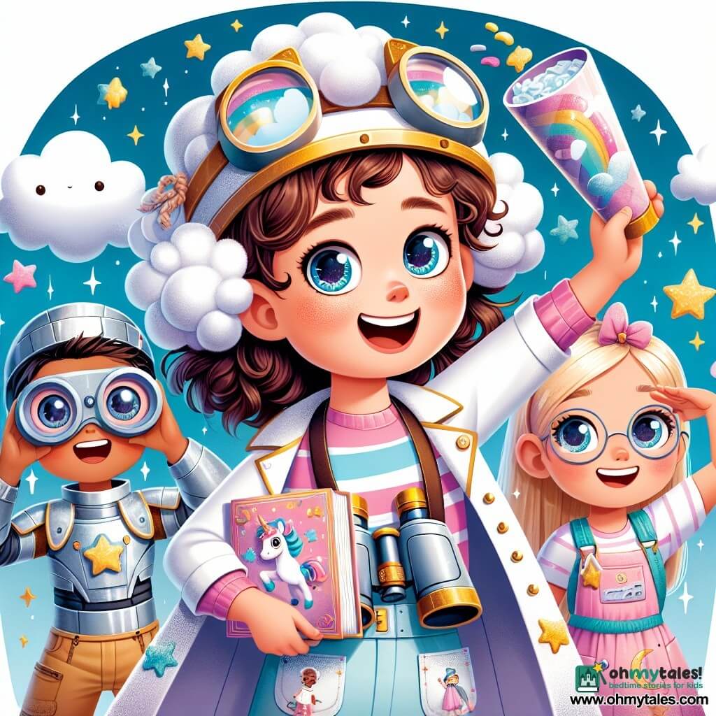 A 10-year-old girl named Maya, with curly brown hair and sparkling joyful eyes, is dressed as a cloud explorer, wearing cotton clouds on her head and binoculars around her neck. She has a wide smile, her cheeks flushed with excitement, while holding a large book-shaped cake decorated with clouds and twinkling stars. Next to her, her 6-year-old brother Leo is dressed as a robot-ninja-chef, in a shiny silver suit and a chef's hat. He strikes a victory pose with a big smile, arms raised in the air. In the background, their friends Olivia and Zoe are also present: Olivia, 10, is dressed as a unicorn detective with a colorful cape and a magnifying glass, while Zoe, 10, wears a time-traveling scientist costume with futuristic glasses and a tool-filled apron. The scene takes place in a sunny garden filled with colorful lanterns hanging from the trees, floating balloons, and a large table decorated with cakes, treats, and games. Laughter and joy fill the air, creating a festive and magical atmosphere. Maya, surrounded by her friends, is ready to blow out her candles, illuminated by the soft light of the lanterns.