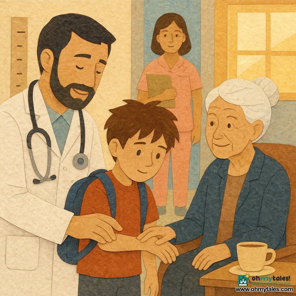Dr. Amir, about 35, calm and smiling in a textured white paper-cut coat with a felt stethoscope, gently guides Leo, an ~11-year-old boy with a blue backpack and messy hair, to feel the wrist pulse of Mrs. Kwon, an ~80-year-old woman with white hair in a bun and a mischievous bright look, seated by a window with a teacup on a tracing-paper table; Nurse Lina, ~30, in pale pink holds a tray in the background slightly blurred; the bright geriatric ward corridor has pastel walls, a large golden-lit window, a whiteboard with notes (“likes jazz”, “daughter visiting”), a height chart and stacked wooden chairs; the moment is tender and educational, slow reassuring gestures and expressions of connection; graphic style: torn paper textures, layered colored paper, drawn drop shadows, visible pencil strokes, warm contrasting colors, irregular edges and collage layers.