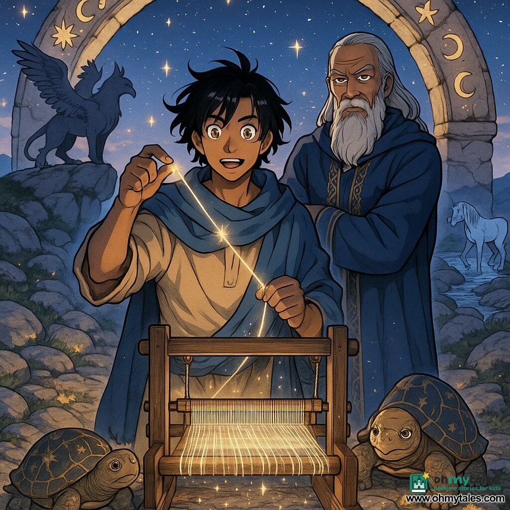 A young man, Tariq (about 28), stands center with a determined, awed face, windblown dark hair, wearing a sand-colored Saharan tunic and blue shawl, delicately holding a glowing star-thread above an ancient wooden loom; to his right the Guardian (about 60), a wise man with a long gray beard in deep blue robes embroidered with gold, stands protectively behind the loom; an old tortoise, Zephyr, with a shell patterned in golden constellations, moves slowly at Tariq’s feet; in the distance a griffin perches on a rock and a unicorn drinks from a crystal stream; the scene is atop a mountain at twilight, with sun-warmed stones, glowing flower carpets, carved stone arches, and a magical, hopeful atmosphere as threads of light weave the border between two worlds.