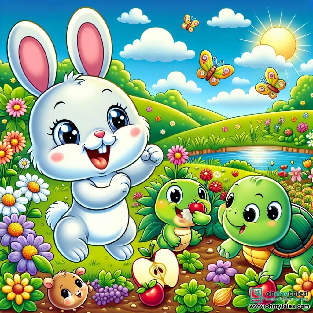 An illustration depicts a small white rabbit with sparkling eyes and big ears, joyfully jumping in a colorful garden. It has a wide smile, showing its enthusiasm for the garden created with friends. Next to it, a turtle with a shiny green shell observes the plants with a gentle smile, pleased with their work. A small brown mouse, with bright eyes, enjoys a slice of apple, beaming with satisfaction and pride. The garden is set in a sunny meadow, surrounded by green hills and a sparkling stream. Colorful flowers and well-aligned vegetables thrive in the fertile soil, creating a lively natural scene. The main focus shows the three friends celebrating their plants' growth and sharing a joyful picnic. Additional graphic elements include butterflies fluttering around the flowers, birds singing in the trees, and a blue sky dotted with fluffy white clouds, adding a cheerful and friendly atmosphere to the scene.
