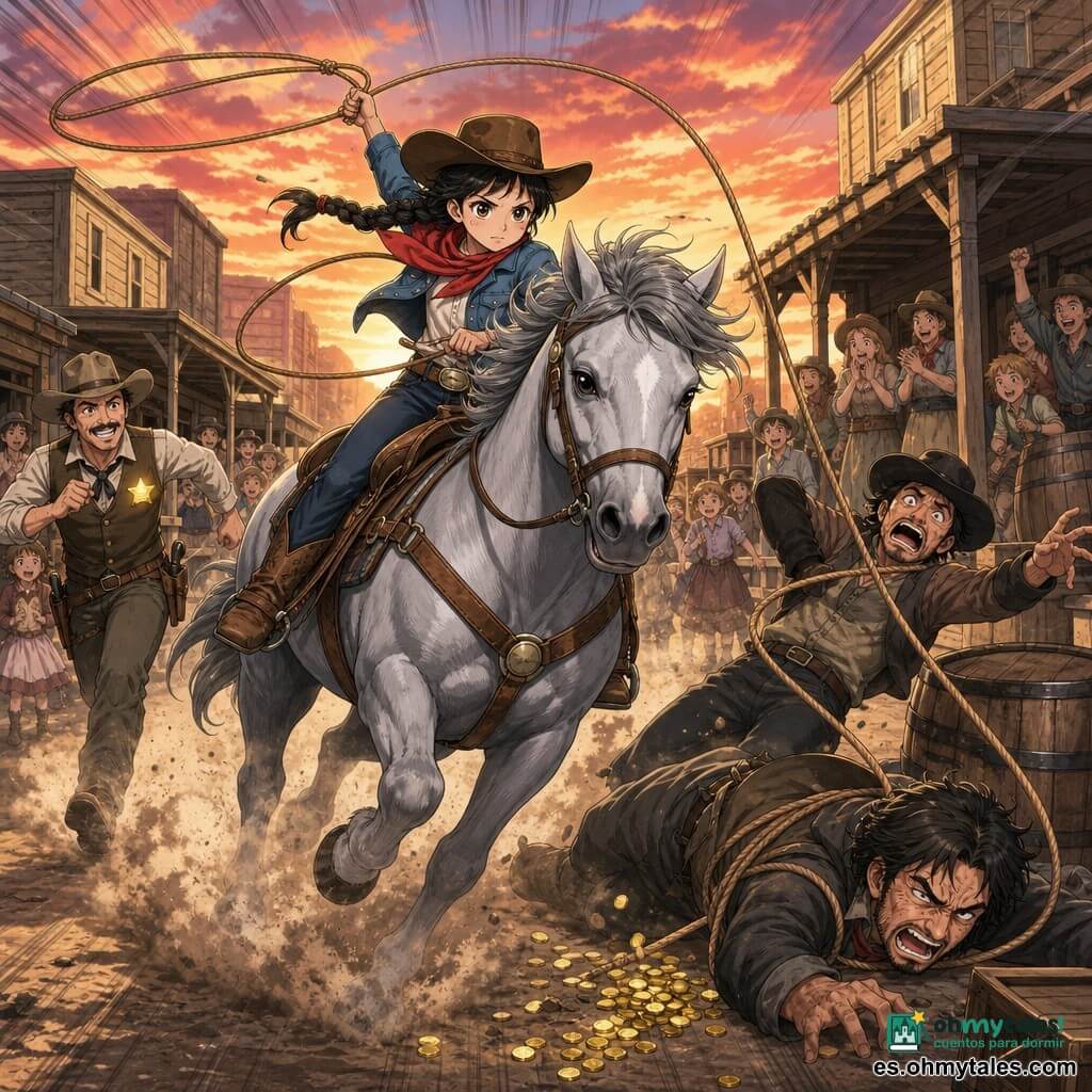 Valentina, niña de 12 años, valiente y concentrada, con sombrero vaquero marrón, trenza negra, pañuelo rojo y chaqueta vaquera, lanza su lazo desde su caballo gris Nube; Nube galopa levantando polvo; un bandido sorprendido cae junto a un barril, otro bandido enfurecido está en el suelo con las piernas atrapadas por el lazo y monedas esparcidas; el sheriff de unos 40 años llega corriendo con la placa brillante y la gente del pueblo (niños y adultos) aplaude desde los porches; calle principal polvorienta de un pequeño pueblo western con fachadas de madera, toneles y un cielo al atardecer en tonos naranja y rosa, ambiente dinámico, heroico y seguro.