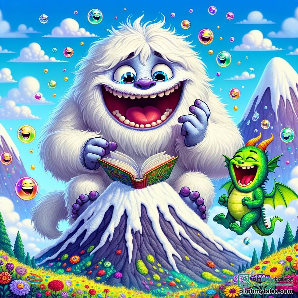 Wesoły i figlarny yeti z białym, puszystym futrem, błyszczącymi oczami i szerokim uśmiechem stoi na szczycie wulkanu, który się śmieje. Opowiada dowcip, rozkładając ramiona, otoczony unoszącymi się wokół niego bańkami śmiechu. Obok niego mały smok o imieniu Bąbel, z zielonymi łuskami i przezroczystymi skrzydłami, wybucha śmiechem, uwalniając kolorowe bańki, które wznoszą się w powietrze. Wulkan jest majestatyczny, z zboczami pokrytymi jaskrawymi kwiatami i błękitnym niebem usianym puszystymi chmurami. Scena emanuje atmosferą radości i przyjaźni, gdy yeti i smok dzielą chwilę czystego szczęścia, otoczeni zachwyconą publicznością, która śmieje się głośno.