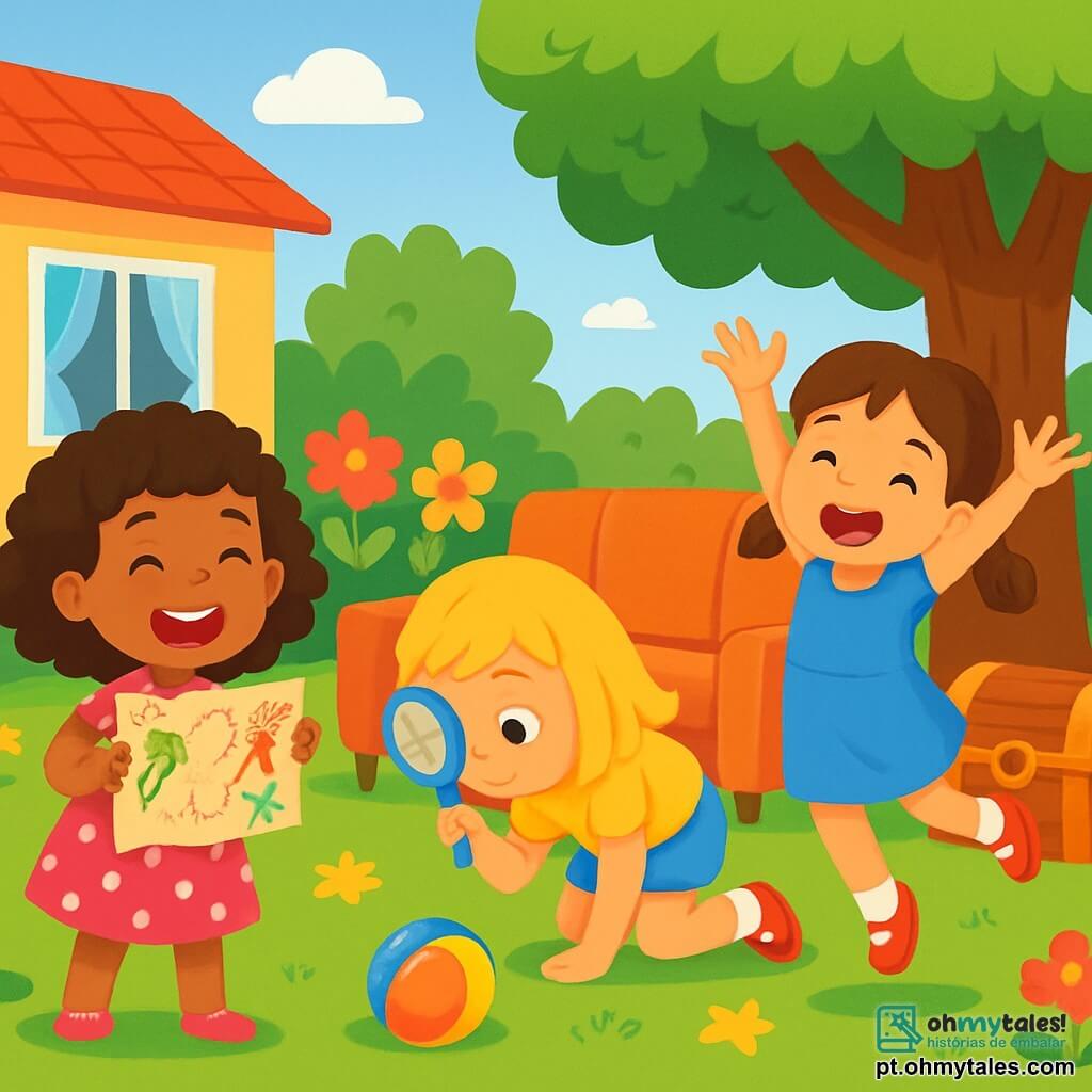 Há 3 personagens: - Mia: uma menina de 5 anos com cabelos cacheados e castanhos, vestindo um vestido rosa com bolinhas brancas. Ela está à esquerda, segurando um mapa do tesouro com um grande sorriso. - Lia: uma menina de 5 anos com cabelos lisos e loiros, vestindo uma camiseta amarela e um short de jeans. Ela está no centro, olhando sob um sofá com uma lupa de brinquedo. - Sofia: uma menina de 5 anos com cabelos castanhos e tranças, vestindo um vestido azul. Ela está à direita, pulando de alegria, com os braços levantados. O local é um jardim ensolarado, cheio de flores coloridas, com uma grande árvore verde de folhagem densa e um gramado bem cuidado. Ao fundo, vê-se uma casa com janelas abertas e cortinas esvoaçando ao vento. A cena principal mostra as três irmãs em plena caça ao tesouro, com expressões de excitação nos rostos, procurando um baú escondido atrás da árvore. Elementos de brincadeira, como brinquedos e decorações coloridas, estão espalhados ao redor delas, criando uma atmosfera alegre e lúdica.