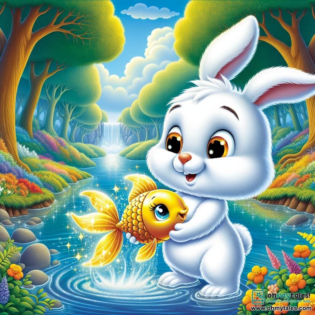 In the center of the image, a small rabbit named Benny, with soft, snow-white fur and bright, curious eyes, stands bravely at the edge of a sparkling stream. His expression is determined, and he holds a precious golden acorn in his paws, symbolizing his adventure. Next to him, Glimmer, a fish with shimmering, luminous scales, joyfully leaps out of the water, his eyes sparkling with hope and gratitude, splashing the air around them. In the background, the magical forest is full of vibrant colors: majestic trees with thick trunks, bright flowers dancing in the breeze, and a light blue sky dotted with fluffy clouds. The scene depicts the key moment when Benny, the fearless rabbit, restored the magical stream by placing the golden acorn in the water, causing a burst of light and the return of life to the forest.