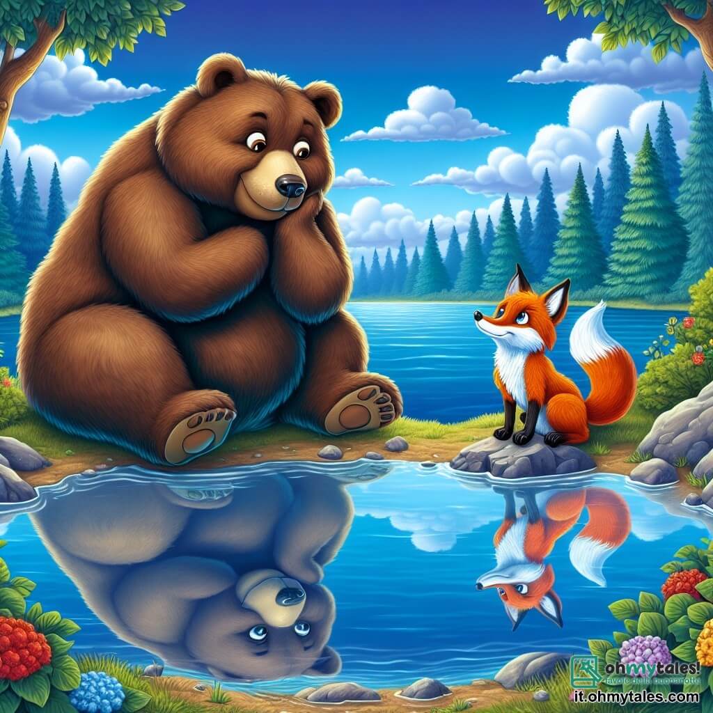 Un grande orso bruno dal pelo morbido e setoso, con occhi brillanti di curiosità e un leggero sorriso sul volto, si trova sulla riva di un lago cristallino. Osserva il suo riflesso nell'acqua, sembrando sia pensieroso che meravigliato da ciò che vede. Vicino a lui, una volpe astuta, con un pelo arancione vivace e occhi maliziosi, osserva l'orso con un sorriso incoraggiante, seduta su una pietra, le zampe incrociate, come se aspettasse di condividere una saggezza. Il lago è circondato da alberi maestosi con foglie verdi brillanti, e il cielo è blu profondo, punteggiato da nuvole bianche e soffici. Fiori colorati bordano la riva, aggiungendo un tocco di magia alla scena. L'orso contempla il suo riflesso nell'acqua, realizzando l'importanza di conoscere se stesso, mentre la volpe lo incoraggia a esplorare i suoi pensieri e le sue emozioni.