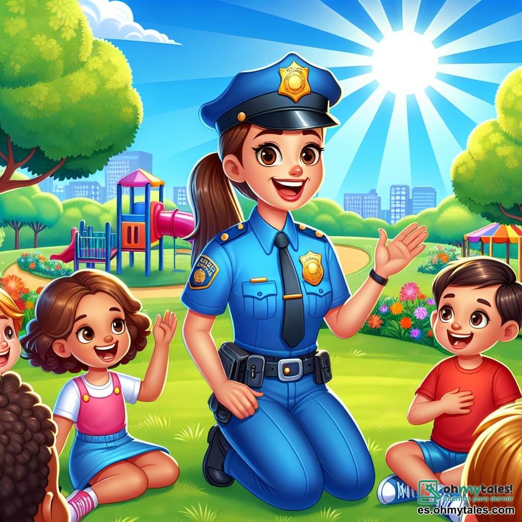 La sargento Clara, una mujer policía sonriente, lleva un uniforme azul brillante bajo el sol. Tiene el cabello castaño recogido en una coleta y ojos llenos de alegría. Clara está de pie en un parque, rodeada de niños, explicando con entusiasmo la importancia de la seguridad. Sara, una niña de 8 años con cabello rizado y ojos curiosos, escucha atentamente sentada en el césped con las piernas cruzadas. A su lado, Tomás, un niño de 7 años con una camiseta roja y una gran sonrisa, levanta la mano para hacer una pregunta, visiblemente emocionado por la conversación. El lugar es un parque colorido, lleno de árboles verdes, flores brillantes y un gran cielo azul. Se ven juegos infantiles al fondo, añadiendo una atmósfera alegre a la escena. Clara les enseña a los niños cómo ser buenos ciudadanos y los anima a preguntar sobre su trabajo como policía, creando un momento de aprendizaje y camaradería.