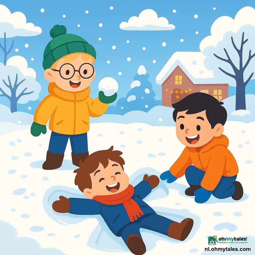 Er zijn 3 personages: - Finn: een 7-jarig jongetje met rommelig bruin haar en roze wangen. Hij ligt in de sneeuw met zijn armen en benen wijd uitgespreid, bezig een sneeuwengel te maken. - Sam: een 6-jarig jongetje met blond haar en ronde bril. Hij draagt een groene muts en een gele jas. Hij staat naast Finn, lacht en houdt een sneeuwbal in zijn hand. - Lucas: een 8-jarig jongetje met zwart haar en een stralende glimlach. Hij draagt een oranje jas en blauwe handschoenen. Hij zit naast Finn, klaar om hem te helpen ruimte te maken in de sneeuw voor zijn eigen engel. De locatie is een mooie wintertuin, bedekt met een dikke laag glinsterende sneeuw. Bomen met met sneeuw beladen takken omringen de tuin, en de lucht is helderblauw met enkele witte wolken. In de verte is een gezellig huis te zien met kerstverlichting die door de ramen straalt. De hoofdscène toont de drie jongens die samen plezier hebben, sneeuwengelen maken in de verse sneeuw. Ze lachen vrolijk, omringd door zacht vallende sneeuwvlokken, terwijl hun voetafdrukken zichtbaar zijn rondom hen.
