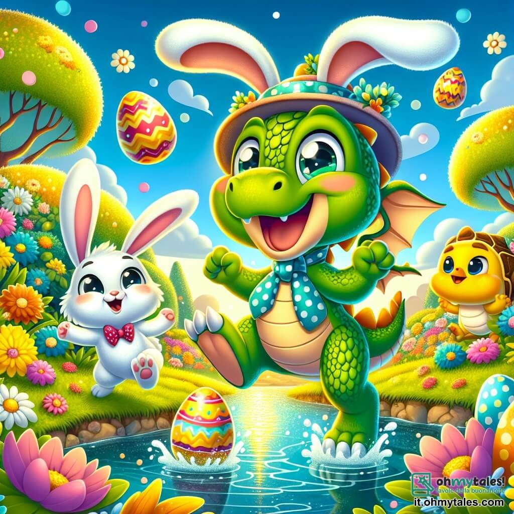 Un piccolo drago di nome Dodo, con squame verdi e occhi scintillanti di gioia, danza con entusiasmo vicino a un lago luccicante, circondato da fiori colorati. Indossa un cappello a forma di coniglio e una cravatta a pois, esprimendo grande eccitazione. Al suo fianco, la sua migliore amica Lalla, una coniglietta dalle grandi orecchie e dal pelo bianco, salta di gioia, con un sorriso radioso sul volto. Più lontano, Pico, un pulcino giallo dalle piume soffici, batte le ali con entusiasmo, mentre Tino, una tartaruga dal guscio brillante, li osserva con uno sguardo curioso e meravigliato. Il contesto è un giardino incantevole, pieno di fiori giganti e alberi carichi di uova di Pasqua colorate, sotto un cielo blu splendente. La scena rappresenta il momento in cui Dodo e i suoi amici scoprono un grande uovo d'oro, illuminato dal sole, simbolo di amicizia e magia di Pasqua.