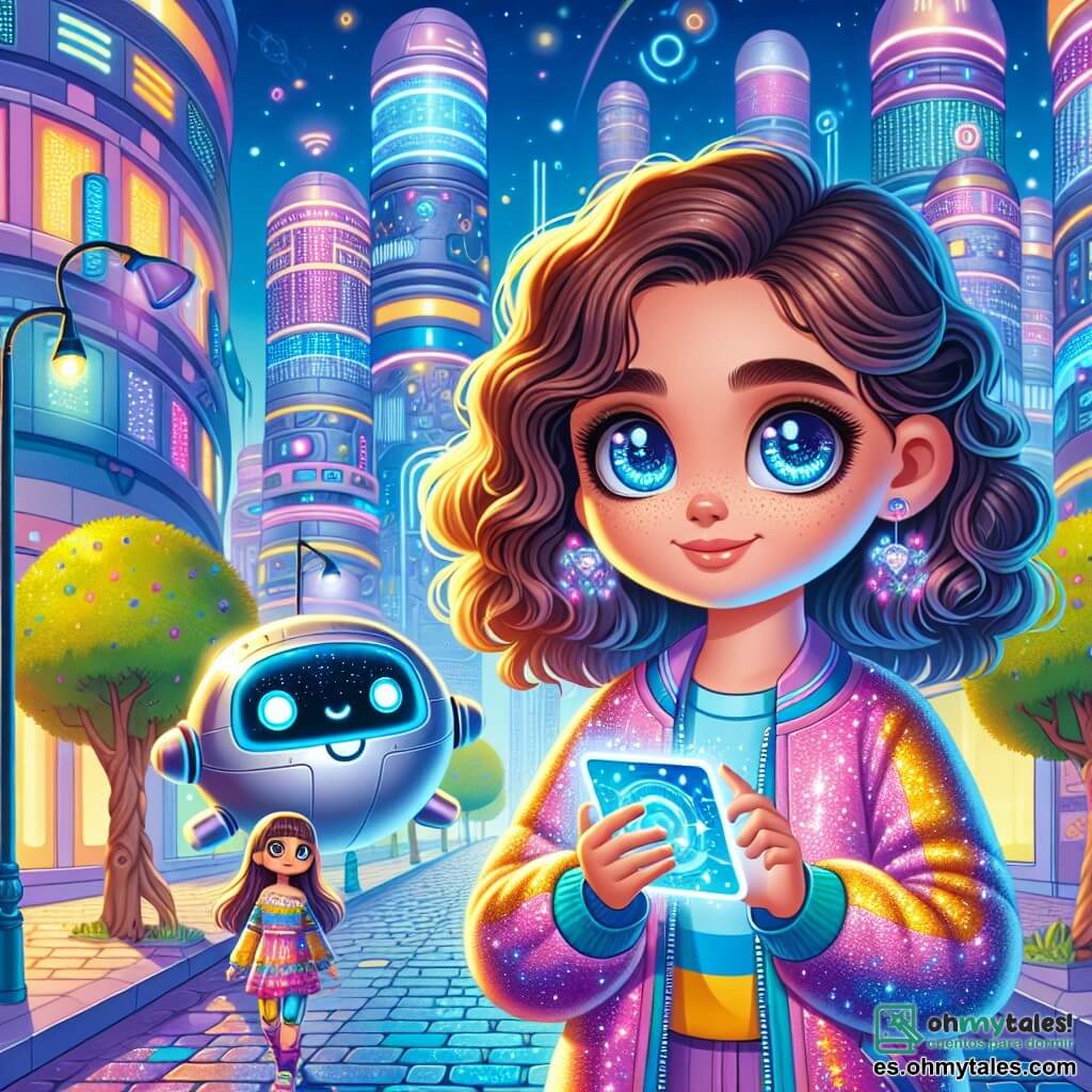 Una niña de 10 años, Emma, con cabello rizado y brillante, lleva una chaqueta solar brillante. Tiene ojos llenos de curiosidad y una sonrisa decidida, sosteniendo una pequeña tableta holográfica en sus manos. A su lado, NUT, un robot redondo y lindo, con ojos luminosos y un cuerpo metálico, emite pitidos flotando ligeramente sobre el suelo. Un poco más lejos, su mejor amiga Luna, también de 10 años, con cabello liso y un vestido colorido, observa las Torres de Energía con una expresión de asombro. El escenario es Circuitovivo, un barrio futurista de Neoluz, con calles empedradas que cambian de color bajo sus pies, árboles artificiales con hojas brillantes y rascacielos cubiertos de jardines verticales. Las Torres de Energía, inmensas y luminosas, emiten un extraño resplandor azul, creando una atmósfera fascinante y inquietante. La situación principal muestra a Emma y Luna, intrigadas y listas para investigar, acercándose a las Torres de Energía, mientras NUT las acompaña, emitiendo sonidos curiosos. La atmósfera está llena de misterio y emoción, con colores vivos y detalles futuristas que cautivan la vista.