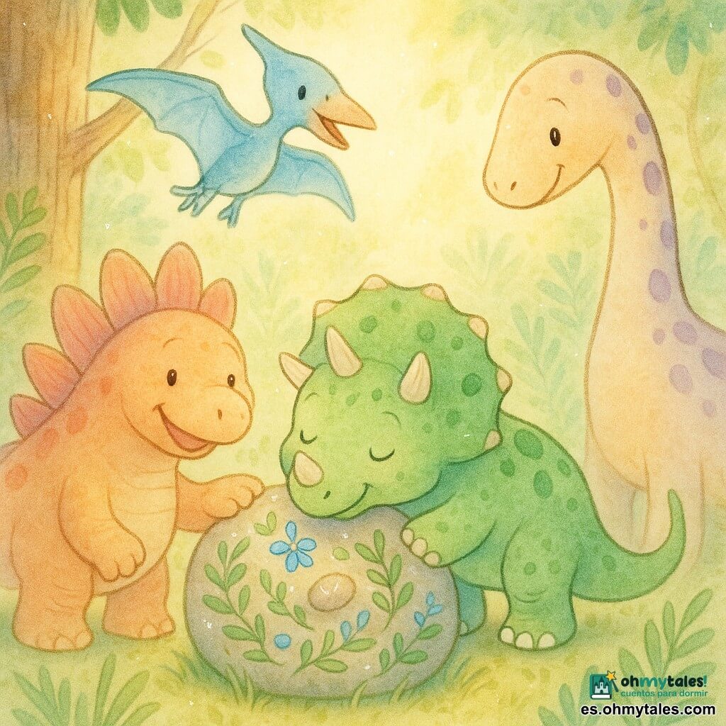 Trico, un pequeño tricératops verde moteado de ojos grandes y brillantes con tres cuernos redondeados, apoya suavemente su hocico y un pequeño cuerno sobre una gran roca decorada; a su izquierda Dino, un estegosaurio jovial con placas dorsales rosas y naranjas, sonríe y posa una pata reconfortante cerca; a la derecha Lila, una diplodocus dulce de largo cuello beige con manchas lavanda, se inclina en una curva protectora para observar la roca; Roco, un pteranodón travieso de alas azul cielo, se posa en una rama sobre el grupo mirando la roca como si canturreara. El claro es luminoso en un bosque primitivo de hierbas verdes, helechos y troncos texturados, con un rayo de sol dorado filtrándose entre las hojas. La roca redonda muestra patrones de pequeñas hojas, flores azules y guijarros brillantes dispuestos en círculos; los amigos la escuchan y la tocan juntos, con expresiones dulces y una atmósfera cálida e íntima. Estilo: acuarela pastel con texturas de papel visibles, contornos en gel blanco para reflejos y colores suaves con contrastes delicados.