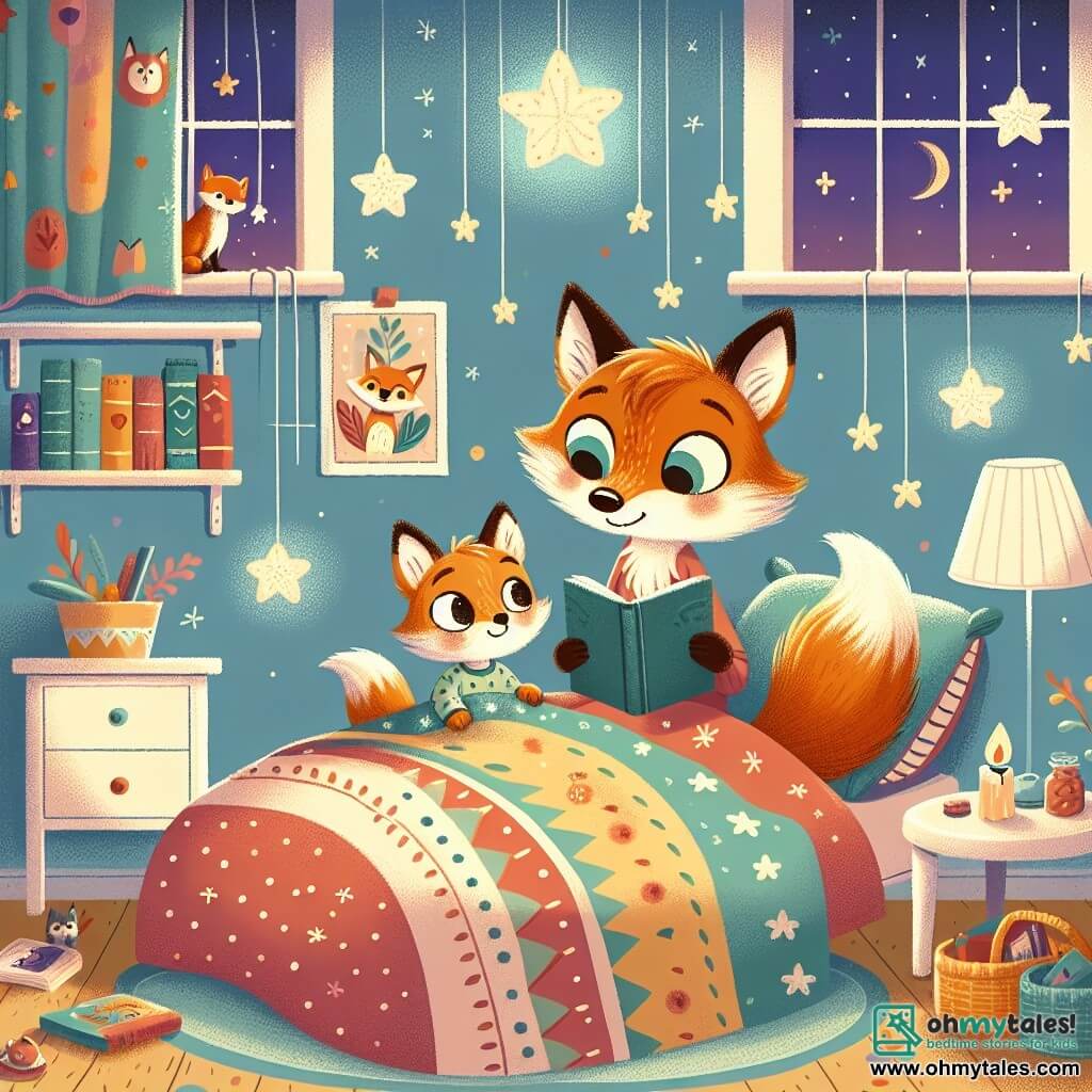 An illustration depicts a young fox with bright, curious eyes, vibrant orange fur, and a bushy tail, lying on its bed surrounded by soft, colorful blankets, displaying a look of wonder and courage as it gazes at a softly glowing star-shaped nightlight beside it. Nearby, its mother, a creamy-furred vixen, stands by with a reassuring smile, her eyes filled with love and tenderness. She reads a story from a colorful book, creating a warm and safe atmosphere. The main setting is a cozy bedroom with pastel blue walls, shelves filled with storybooks, and twinkling stars stuck to the ceiling. A gentle light emanates from the nightlight, casting friendly shadows on the walls. The central scene shows the young fox discovering the power of stories to overcome its fear of the dark, surrounded by its mother's affection in a moment of tenderness and comfort. Additional graphic elements include scattered toys on the floor, a fluffy rug, colorful cushions, and a window revealing a starry sky, symbolizing the dreams and adventures that await.