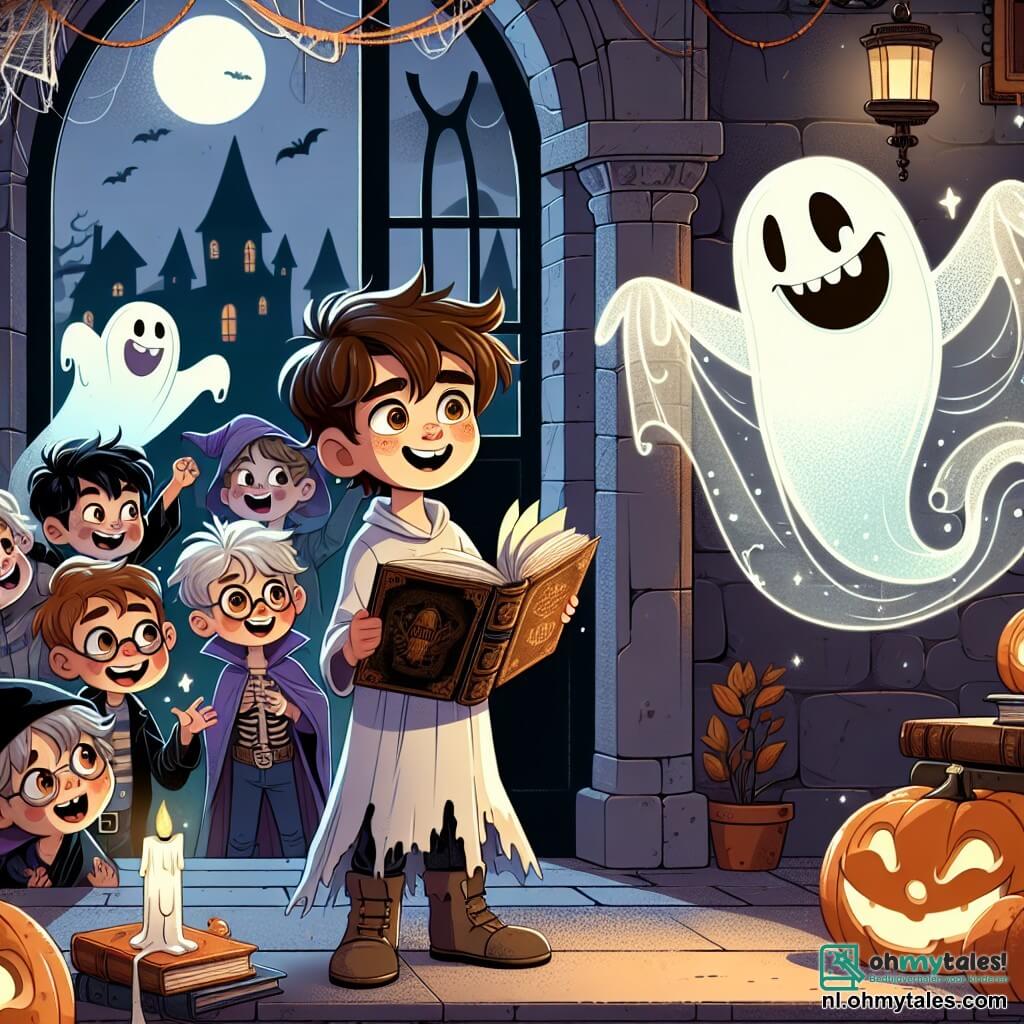 Een 10-jarig jongetje, Sam, met rommelig bruin haar en nieuwsgierige, sprankelende ogen, staat in het midden van het podium, gekleed in een zelfgemaakt spookkostuum, met een grote glimlach op zijn gezicht. Hij houdt een oud Halloween-verhalenboek vast, met open pagina's, terwijl een lichte bries zijn kostuum laat wapperen. Naast hem zweeft Casper, een vriendelijke geest met een doorschijnend uiterlijk en een blije uitdrukking, met open armen alsof hij Sam uitnodigt voor een magische reis. Op de achtergrond lachen en hebben Sam's vrienden, twee 10-jarigen, plezier; de een gekleed als vampier en de ander als heks, wat een feestelijke sfeer creëert. De setting is een oud spookhuis, met grijze stenen muren, spinnenwebben in de hoeken en verlichte pompoenen die een warme gloed uitstralen. Buiten straalt de maan fel in een sterrenhemel, wat een vleugje magie aan de scène toevoegt. De hoofdscène toont Sam en zijn vrienden in het spookhuis, klaar om de Halloween-geesten vrij te laten door magische ingrediënten in een grote ketel te mengen, omringd door griezelige versieringen en gelach, wat de geest van avontuur en kameraadschap van deze speciale nacht vastlegt.