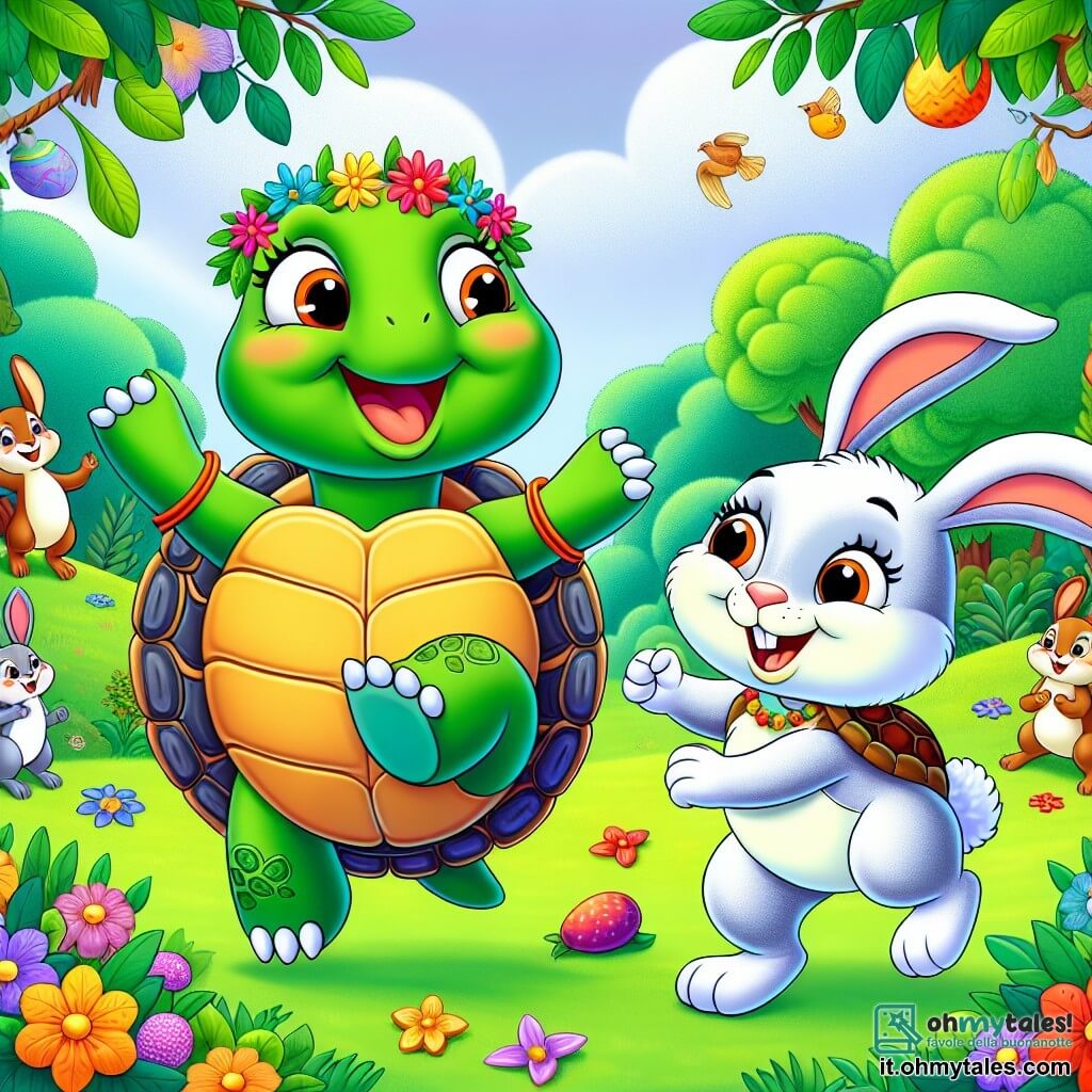 Una tartaruga di nome Tilly, con un guscio colorato e occhi scintillanti di curiosità, balla gioiosamente in mezzo a un campo verde, con un grande sorriso sul volto. Accanto a lei, un coniglio di nome Roger, un giovane coniglio dalle grandi orecchie e pelliccia bianca, salta con entusiasmo, ridendo e incoraggiando Tilly a continuare a ballare. Sullo sfondo, la foresta incantata è piena di alberi con foglie brillanti e fiori multicolori, mentre animali come scoiattoli e uccelli li osservano divertiti. La scena rappresenta una festa gioiosa in cui tutti gli animali si riuniscono per celebrare, con ghirlande di fiori e frutti disposti su grandi foglie, creando un'atmosfera festosa e amichevole.