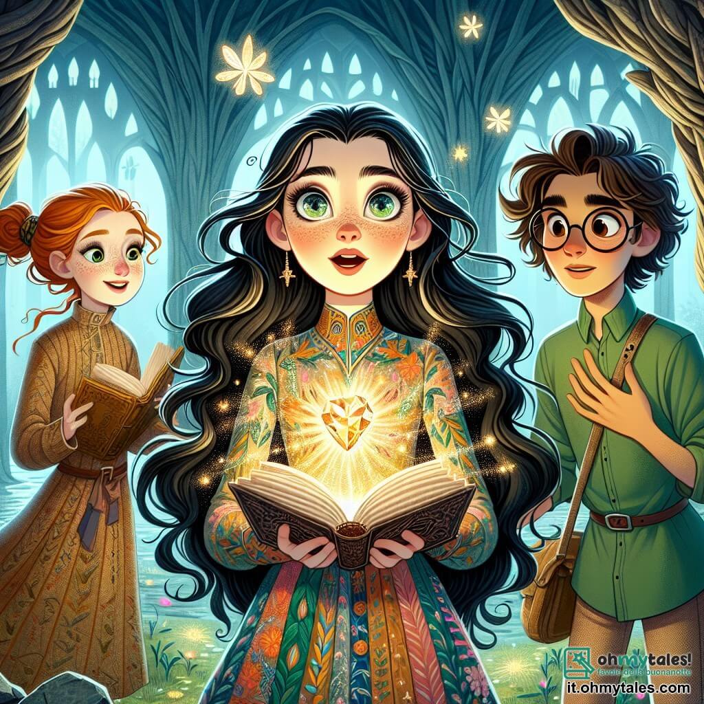 Al centro dell'immagine, Livia, una giovane strega di dodici anni, sorride con meraviglia. Ha lunghi capelli neri, occhi brillanti come stelle e indossa un vestito colorato con motivi magici. Nelle sue mani tiene una Gemma di Luce scintillante che emette una luce calda. A destra, Clara, una ragazza dai capelli rossi e occhi vivaci, la osserva con ammirazione, indossando una tunica verde e tenendo un libro antico aperto. A sinistra, Leo, un ragazzo con occhiali spessi e capelli castani disordinati, guarda la gemma con curiosità, sorridendo e impugnando un bastone magico. La scena è ambientata in una foresta incantata, con alberi maestosi e fiori luminosi che danzano attorno a loro. In lontananza si vede una vecchia torre di pietra, simbolo di magia. Livia, Clara e Leo sono insieme, stupiti dalla Gemma di Luce, che simboleggia la loro amicizia e il coraggio di affrontare l'avventura che li attende.