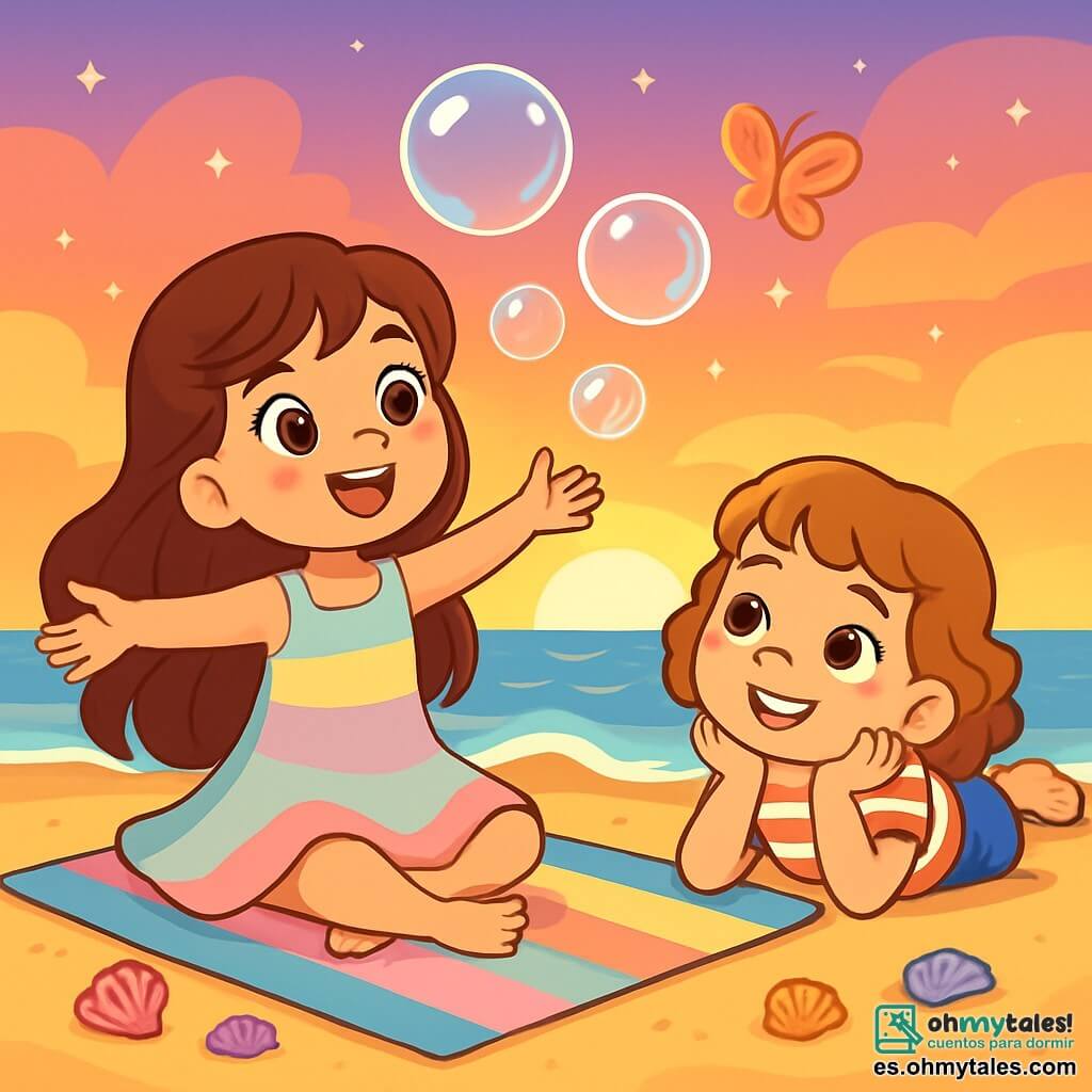 Hay 2 personajes principales: Lía, una niña de 8 años con largos cabellos castaños ondulados y ojos brillantes, vestida con un vestido ligero de colores pastel, sentada sobre una gran toalla de playa con los brazos abiertos como si quisiera atrapar el viento; y Sofía, también de 8 años, con cabello corto y rizado de color castaño claro, vestida con una camiseta a rayas y un short de mezclilla, acostada sobre su vientre con el mentón apoyado en las manos, mirando a Lía con una sonrisa alegre. El escenario es una playa tranquila al atardecer, con suaves olas acariciando la arena dorada y un cielo lleno de tonos naranjas, rosas y violetas. Lía y Sofía están soplando burbujas de jabón imaginarias, sus rostros radiantes y relajados, mientras burbujas brillantes flotan a su alrededor y una mariposa colorida revolotea alegremente sobre sus cabezas.