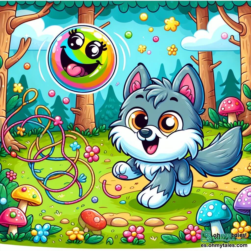 Un pequeño lobo llamado Lupi, con pelaje gris y ojos llenos de curiosidad, corre alegremente por un bosque encantado, con las orejas levantadas y la cola moviéndose de emoción. A su lado, una burbuja colorida, con una cara sonriente y brazos en forma de hilo, flota felizmente en el aire, riendo a carcajadas. El escenario es un bosque mágico, lleno de árboles con troncos torcidos, flores brillantes y hongos multicolores, bajo un cielo azul salpicado de nubes en forma de caramelos. Lupi intenta atrapar las burbujas que escapan de la mochila mágica, mientras la burbuja sonriente lo anima bailando a su alrededor, creando una atmósfera de alegría y ligereza.