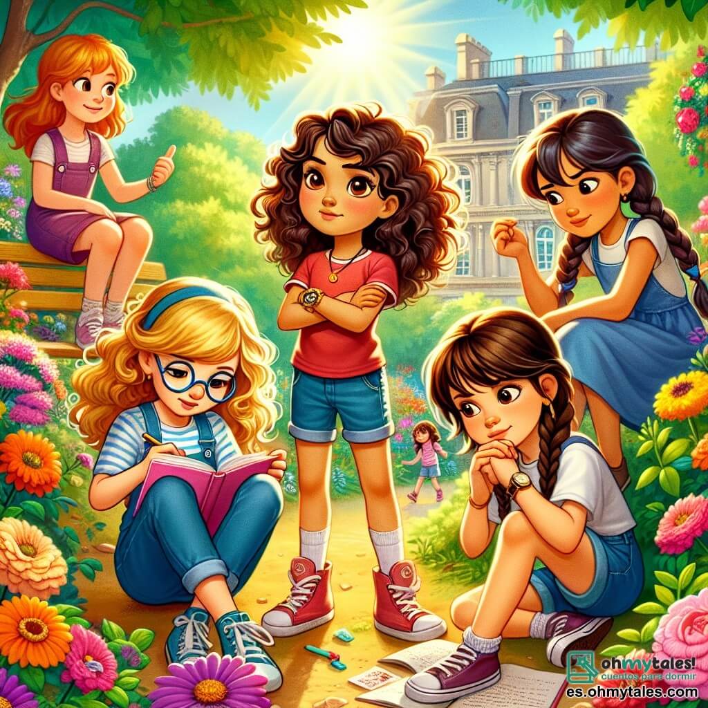 Cuatro jóvenes aventureros se reúnen en un parque soleado, rodeados de flores coloridas y árboles verdes. Sofía, una niña de 10 años con cabello rizado y dorado, lleva una camiseta roja y un short de mezclilla, y está en el centro con los brazos cruzados y una gran sonrisa decidida. A su derecha, Valeria, una niña de 9 años con gafas redondas y cabello castaño atado en dos coletas, se inclina hacia adelante tomando notas en su pequeño cuaderno rosa. A la izquierda, Carla, una niña de 10 años con cabello castaño y una trenza, está agachada examinando el suelo con una lupa, luciendo concentrada. Finalmente, Paula, una niña de 9 años con cabello largo y liso, lleva un vestido azul y observa las nubes con una mirada soñadora, sentada en un banco. El parque está lleno de risas de niños, colores vivos y un cielo azul brillante. Al fondo, se puede ver la casa de la amable Sra. Elena, con pasteles en la ventana. La escena principal muestra a las cuatro amigas resolviendo el misterio de la desaparición de los pasteles, con expresiones de emoción y curiosidad en sus rostros, mientras un pequeño mapache curioso las observa desde un arbusto.