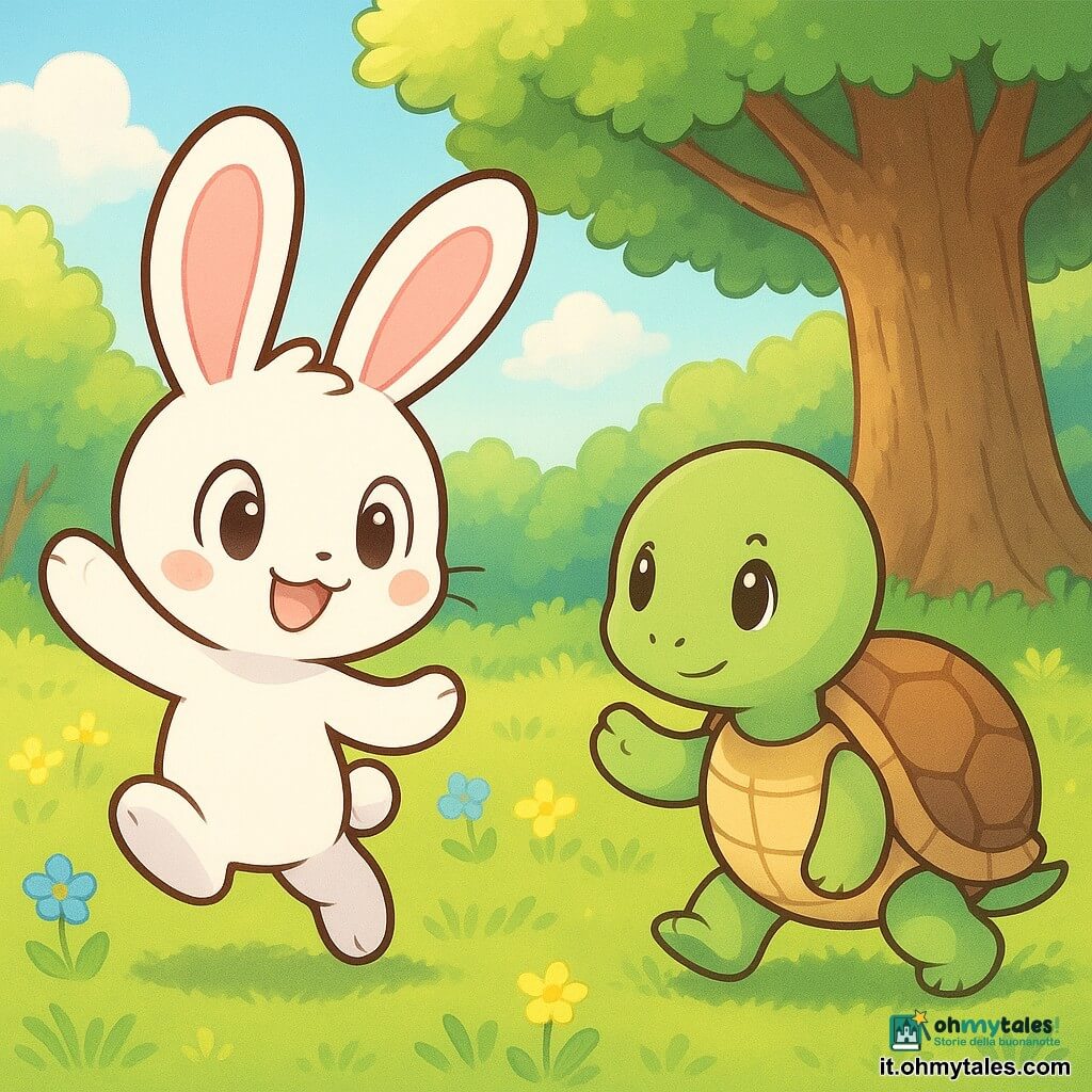Un piccolo coniglio bianco di nome Leo, dolce e sorridente, grandi orecchie rosa e occhi brillanti, salta verso destra dalla sinistra facendo "hop"; una piccola tartaruga verde di nome Tina, con carapace rotondo e motivi marrone chiaro, è alla sua destra appena dietro, zampa alzata come per salutare; ambientazione in una radura soleggiata in una foresta con erba verde, fiori gialli e blu e un grande albero vicino alla casa di Tina; Leo aiuta Tina a ritrovare la sua casa e insieme ballano felici, atmosfera tenera e amichevole, colori pastello e contorni arrotondati, composizione semplice e leggibile per i più piccoli.