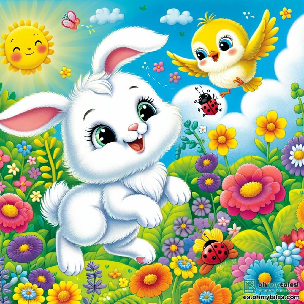 Un pequeño conejo blanco llamado Lulú, con un pelaje suave y ojos brillantes, salta alegremente en un jardín colorido, rodeado de flores brillantes de todos los colores. A su lado, un pequeño pájaro amarillo llamado Pipo, con plumas vivas y ojos chispeantes, vuela alrededor de las flores cantando. Más abajo, una mariquita roja con puntos negros se encuentra en una hoja verde, observando con curiosidad. El jardín es un verdadero cuadro de primavera, lleno de flores multicolores y un cielo azul claro. Lulú, Pipo y la mariquita están en una aventura, buscando tesoros primaverales, riendo y divirtiéndose juntos, mientras el sol brilla suavemente sobre ellos.