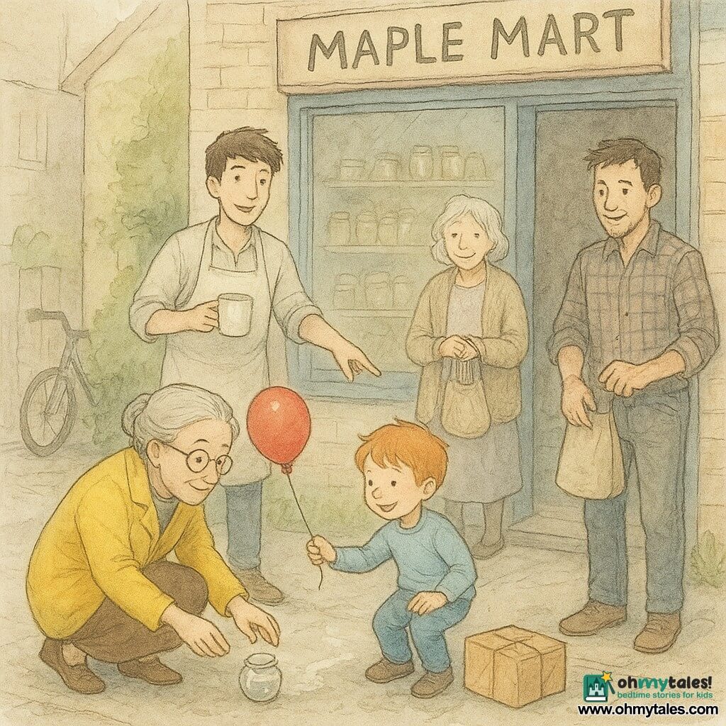 Martha, about 60, with a gentle face, gray hair in a bun, yellow coat and round glasses, kneels to pick up a small shiny glass jar on the sidewalk while attentive neighbors gather: Jonah, ~25, messy brown hair and flour-dusted apron, points to a flour mark while holding a cup of cocoa; Toby, ~30, paint-stained fingers and plaid shirt, smiles holding a crumpled paper bag by the shop window; a red‑haired boy of about 6 proudly offers the jar while holding a red balloon; Mrs. Kline, ~70, in a knitted cardigan with a craft tote, stands shyly on the stoop; the scene is in front of the Maple Mart neighborhood grocery—wooden shelves with jars visible through the window, a cardboard box on wet cobbles, a small alley with grass and a bicycle—soft afternoon light, warm, calm, community mood showing the mystery resolved.