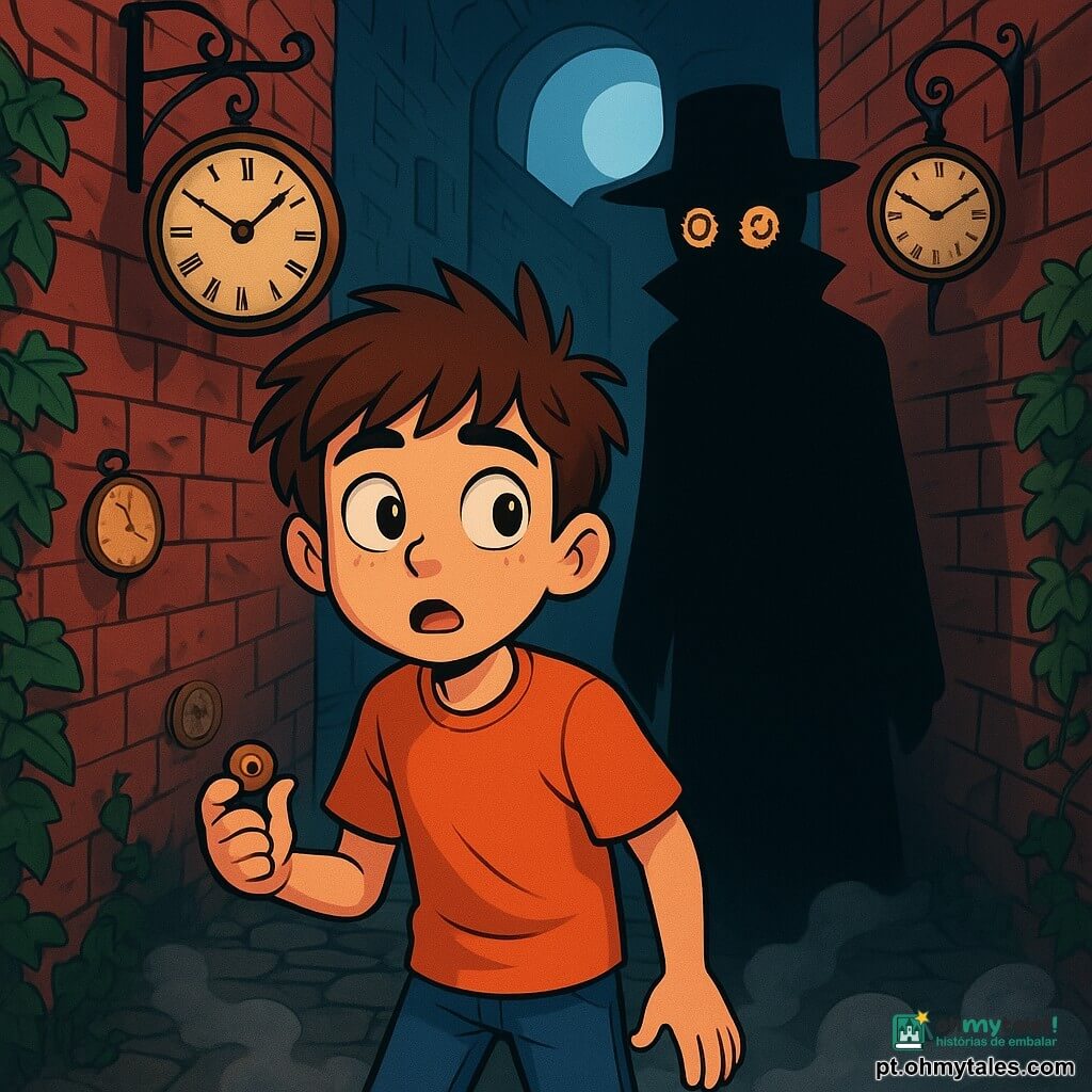 Um garoto de 10 anos, Tomás, com cabelos castanhos bagunçados e olhos brilhantes de curiosidade, está no meio de um beco estreito e escuro. Seu rosto expressa maravilha misturada com apreensão, com as sobrancelhas levemente franzidas e a boca entreaberta, como se estivesse prestes a sussurrar um segredo. Perto dele, um misterioso Guardador de Relógios, uma silhueta etérea com um longo manto negro e um rosto borrado, observa Tomás com olhos em forma de engrenagens douradas, flutuando no ar como uma sombra protetora. O beco é cercado por paredes de tijolos vermelhos cobertas de hera e iluminado por uma fraca luz da lua que cria sombras dançantes. Relógios antigos, pendurados nas paredes, emitem um leve tique-taque, adicionando uma atmosfera intrigante e ligeiramente inquietante à cena. Tomás está explorando o beco, segurando um pequeno botão de madeira na mão, enquanto uma leve neblina se eleva do chão, envolvendo seus pés, como se o beco respirasse ao seu redor.