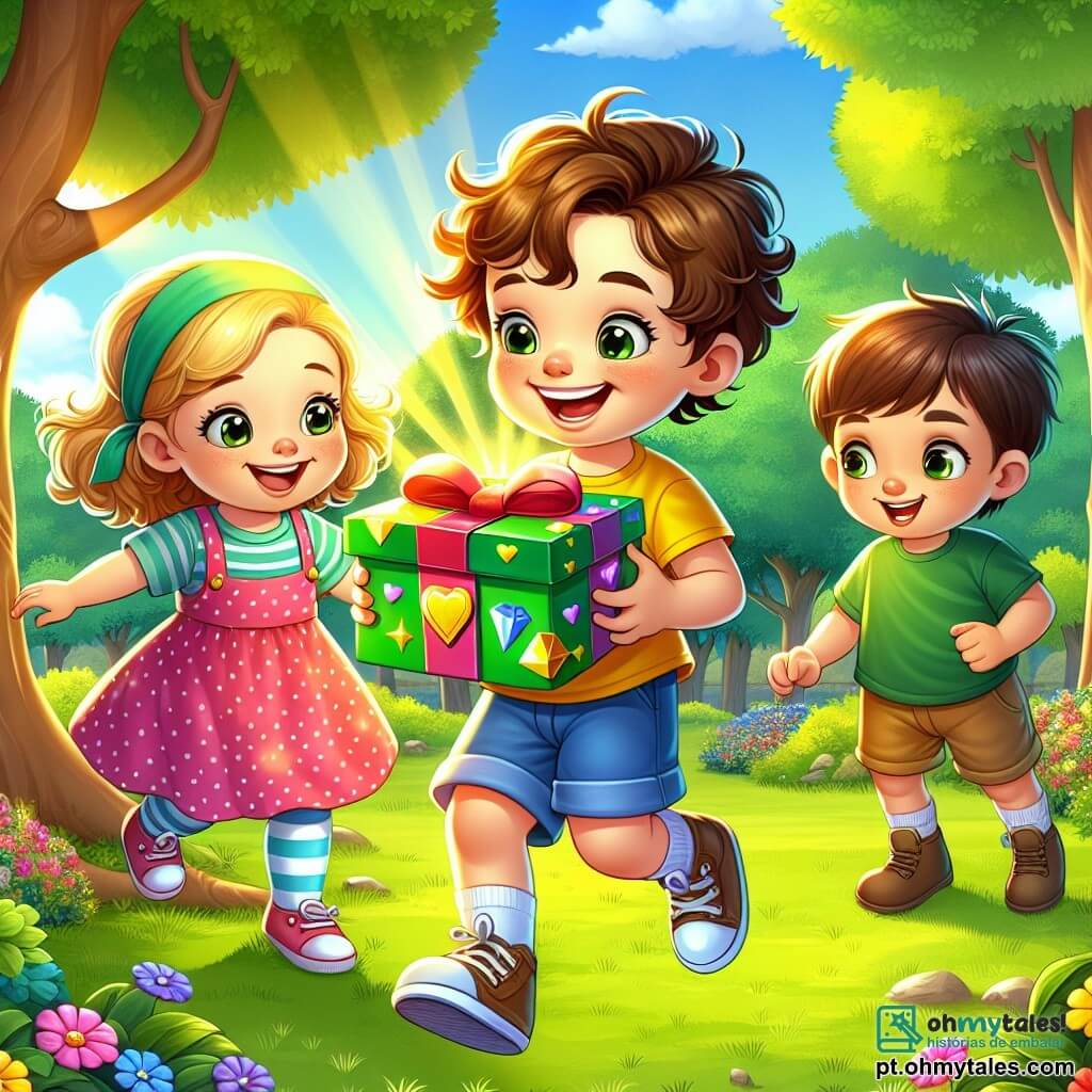 Um menino de 2 anos, Léo, com cabelos cacheados e castanhos, sorriso radiante e olhos curiosos, segura um grande e colorido pedaço de papel representando um tesouro. Ele está vestido com uma camiseta amarela e shorts azuis, pulando de alegria com os braços levantados em um parque verdejante. Ao seu lado, Mia, uma menina de 2 anos com cabelos longos e loiros, usando um vestido rosa de bolinhas, observa o tesouro com admiração, seus olhos brilhando de excitação. Ela está levemente inclinada para frente, pronta para se aproximar de Léo. Tom, um menino de 2 anos com cabelos castanho-claros e curtos, está um pouco afastado, com um sorriso travesso, segurando um pequeno bastão como uma espada, pronto para defender seu amigo. O local é um parque ensolarado, cheio de árvores majestosas com folhas verdes vibrantes, flores coloridas espalhadas pelo chão e um céu azul claro com algumas nuvens brancas fofas. A cena principal mostra Léo, Mia e Tom descobrindo juntos um tesouro escondido em uma caixa, cercados pela magia da aventura, prontos para fazer um desejo ao olhar as estrelas de papel que brilham dentro da caixa.
