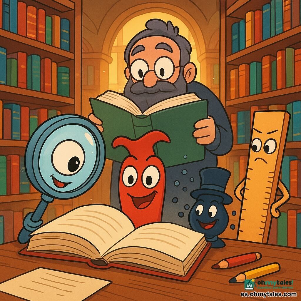 En una biblioteca mágica, un marcapáginas de tela roja llamado Pepe, con una sonrisa traviesa y ojos brillantes de curiosidad, se esconde entre las páginas de un gran libro. Está a punto de salir de una página, listo para hacer un ruido silencioso y divertido. A su lado, Lola la lupa, una lupa gigante con una cara sonriente y ojos redondos, observa atentamente, su ojo agrandado brillando de emoción. Tito el tintero, un pequeño frasco de tinta con un sombrero gracioso, ríe suavemente, sus gotas de tinta revoloteando a su alrededor. Rita la regla, recta y orgullosa, se mantiene al margen, con los brazos cruzados, con una expresión concentrada, lista para dirigir la orquesta de sus ruidos. La biblioteca está llena de libros coloridos con cubiertas brillantes, estanterías de madera tallada y rayos de luz dorada filtrándose por las ventanas. En el centro, una gran mesa de madera está cubierta de hojas y lápices, creando un ambiente de creatividad y misterio. La escena principal muestra a los amigos preparándose para un número hilarante, cada uno intentando producir el ruido más divertido y silencioso posible, mientras evitan despertar al Bibliotecario Bigotudo, que se esconde detrás de un libro gigante, con una expresión curiosa.