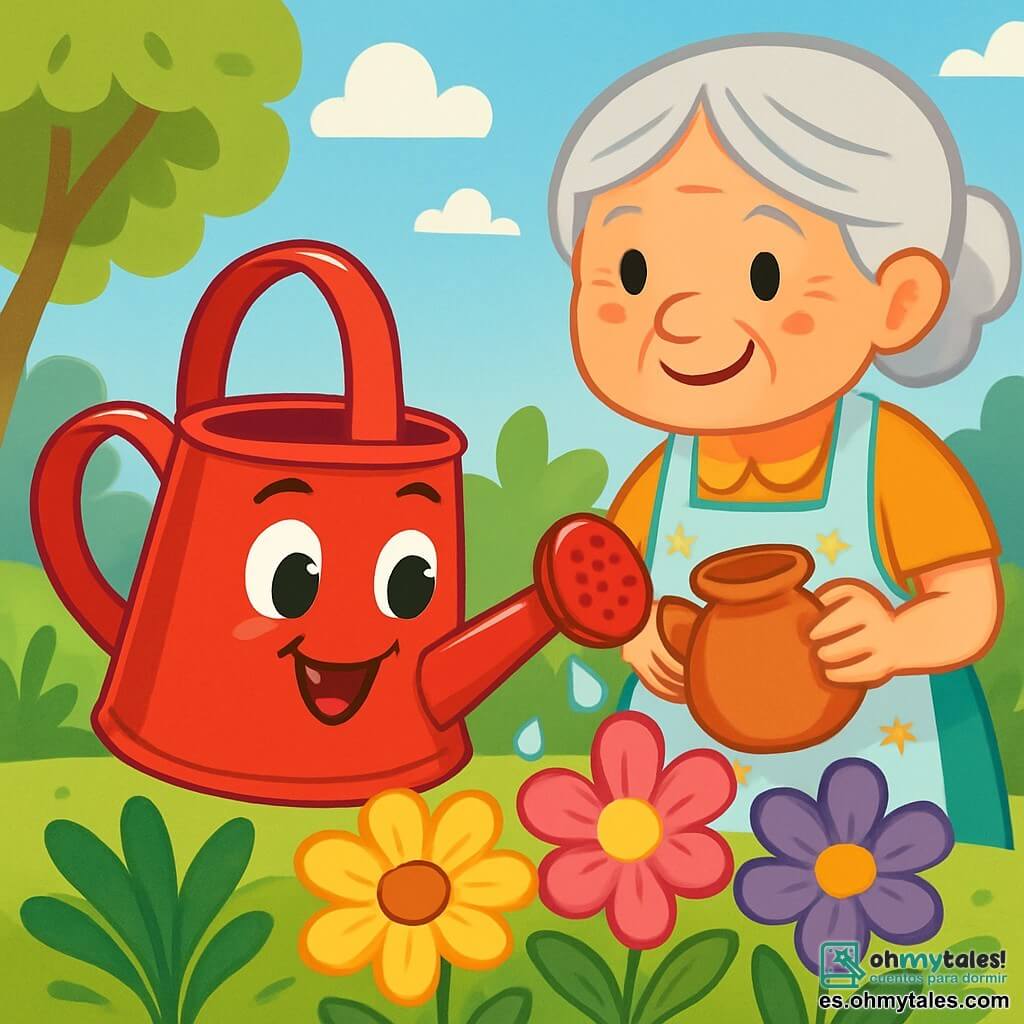Pepita, una pequeña regadera de metal rojo brillante, está en el centro de la imagen, con una gran sonrisa alegre y ojos chispeantes de entusiasmo. Está regando flores coloridas que florecen a su alrededor, con pétalos brillantes de amarillo, rosa y violeta. Junto a ella está la dulce abuela Rosa, una mujer mayor con cabello plateado y un delantal floral, que mira a Pepita con orgullo y ternura. Ella sostiene un arenero de barro y parece feliz, con ojos brillantes de bondad. Al fondo, se extiende un jardín exuberante, lleno de plantas verdes, flores brillantes y un cielo azul claro salpicado de nubes blancas esponjosas. Majestuosos árboles bordean el jardín, con sus hojas danzando suavemente al viento. La escena principal muestra a Pepita y a la abuela Rosa trabajando juntas para regar las flores, simbolizando su compromiso de cuidar la naturaleza y preservar la belleza de su jardín.
