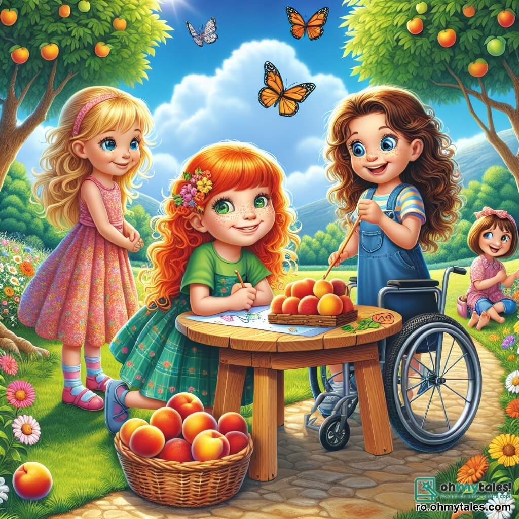 Într-o frumoasă poieniță însorită, patru fete sunt adunate în jurul unei mese mari din lemn decorată cu flori colorate. Ana, o fată de 8 ani cu bucle aurii și ochi verzi strălucitori, stă în picioare în stânga, ținând un coș plin cu piersici delicioase, cu un zâmbet mare pe față. Maria, o fată de 9 ani cu părul roșu aprins și pistrui, este în dreapta, dansând vesel, îmbrăcată într-o rochie colorată. Ioana, o fată de 8 ani cu părul brunet și ochelari, este ghemuită în centru, desenând un plan pe o foaie de hârtie, având un aer concentrat. Elena, o fată de 9 ani în scaun cu rotile, este în spate, înconjurată de baloane colorate, cu un zâmbet mare și aripi de fluture din carton pe spate. Poienița este înconjurată de copaci măreți cu frunze verzi strălucitoare, iar cerul este de un albastru strălucitor, presărat cu nori albi pufoși. Fetele pregătesc o petrecere pentru a-l distra pe Moș Toma, bătrânul morocănos din sat, în timp ce încearcă să culeagă piersici din livada lui, creând astfel o atmosferă plină de bucurie și aventură.