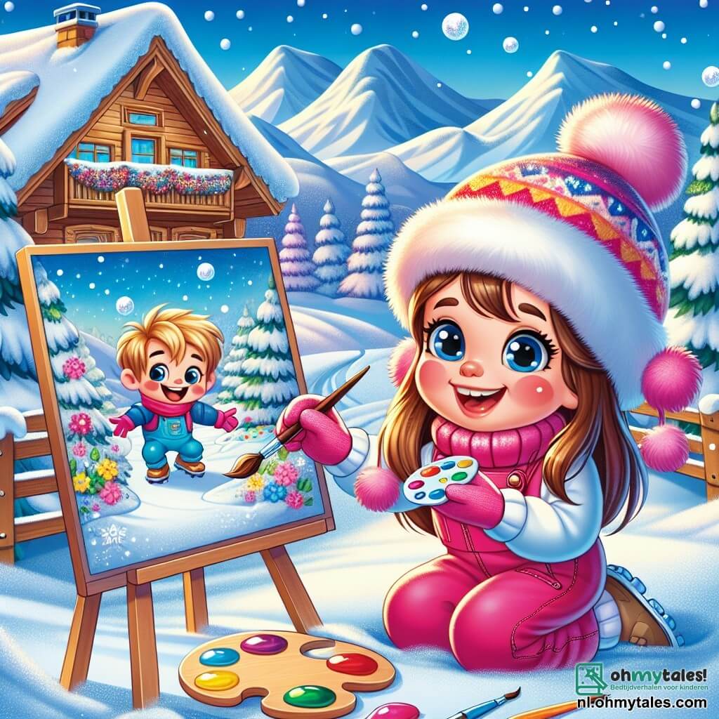 Een 7-jarig meisje, Mila, met lange bruine haren en roze wangen, zit in de sneeuw met een grote glimlach op haar verwonderde gezicht. Ze draagt een felroze skikleding en een wollen muts met kleurrijke pompons, terwijl ze met de ene hand een penseel en met de andere een palet met heldere kleuren vasthoudt, bezig met het schilderen van een winterlandschap op haar kleine doek. Naast haar speelt haar 5-jarige broertje Tim, met rommelig blond haar en sprankelende ogen, terwijl hij een sneeuwbal maakt en vrolijk lacht. Hij draagt een blauwe jas en een rode sjaal, en staat vlakbij Mila, klaar om haar een vriendelijke sneeuwbal toe te werpen. De achtergrond toont een prachtig houten chalet, omringd door majestueuze bergen bedekt met glinsterende sneeuw, onder een heldere blauwe lucht met witte wolken. Sneeuwbedekte dennenbomen omzomen het pad, wat een feeërieke sfeer creëert. De belangrijkste situatie toont Mila geconcentreerd op haar schilderij, terwijl ze de magie van de winter vastlegt, terwijl Tim, spelend, een vleugje vreugde en saamhorigheid aan dit creatieve moment toevoegt.