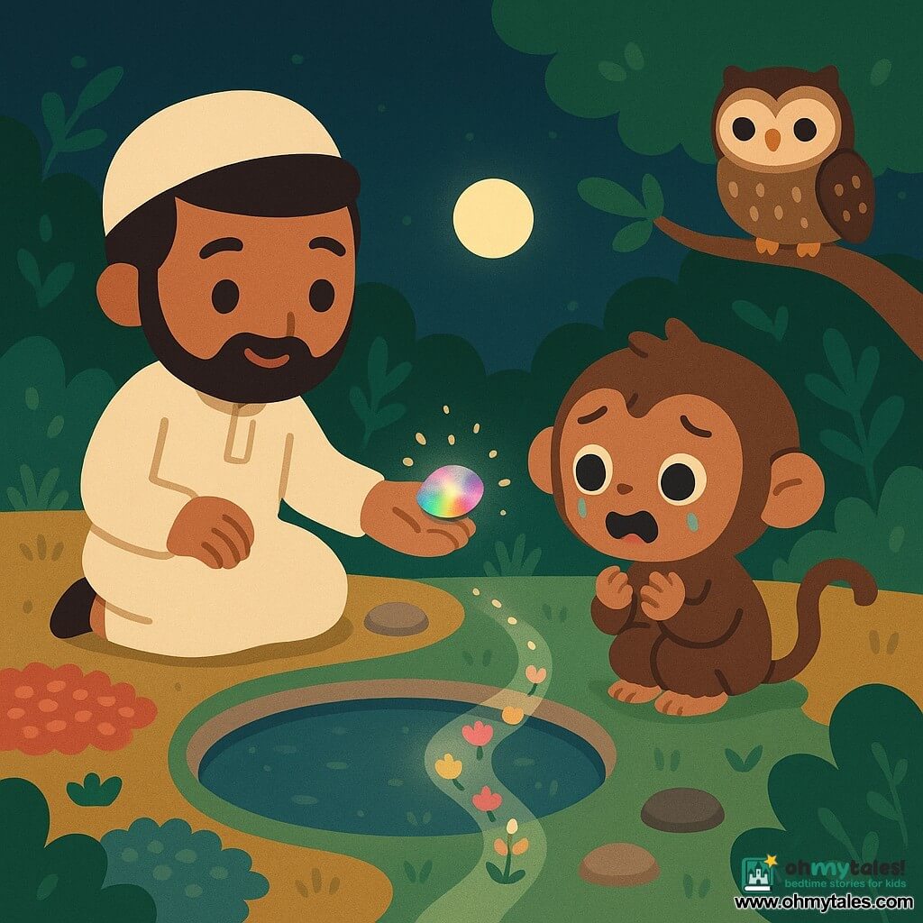 An adult man named Farid with a soft face, short beard, bright eyes and a shy smile sits calm and kind, holding a sparkling multicolored pebble out to a small playful monkey-boy with round eyes and wet brown fur who cries softly near a moonlike round basin and looks at the pebble with surprise and joy; a small round owl with star-dotted feathers perches on a low branch to the right watching wisely; the night garden features smooth stones, mats of red and blue flowers, deep green foliage and a mirror basin reflecting the moon; Farid offers a glowing pebble and a silver path of light appears in the grass, making multicolored flower buds bloom; palette of sand-gold, midnight blues, emerald greens and coral-pink accents, with soft lighting, round shadows, smooth textures and rounded shapes in a minimal kawaii graphic style with thick lines, exaggerated expressions, simple compositions and ample empty space.