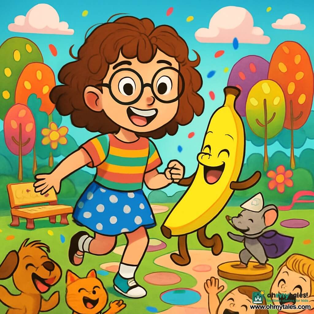 A 10-year-old girl, Matilda, with curly hair and round glasses, smiles with sparkling eyes of curiosity. She wears a multicolored striped t-shirt and a polka-dot skirt, while holding a talking banana, Sir Barkalot, who has a joyful and mischievous expression. Next to her, a small mouse with a paper hat and a sock cape dances on a makeshift stage, while a group of candy-shaped trees stands in the background. The setting is a magical park, with tall colorful trees, giant flowers, and marshmallow-shaped clouds floating in a bright blue sky. Cookie-shaped benches and candy pathways wind through the park. The main scene shows Matilda and Sir Barkalot Banana dancing joyfully among a group of animals and children, all laughing and having fun in a festive and whimsical atmosphere, with colorful confetti falling from the sky.