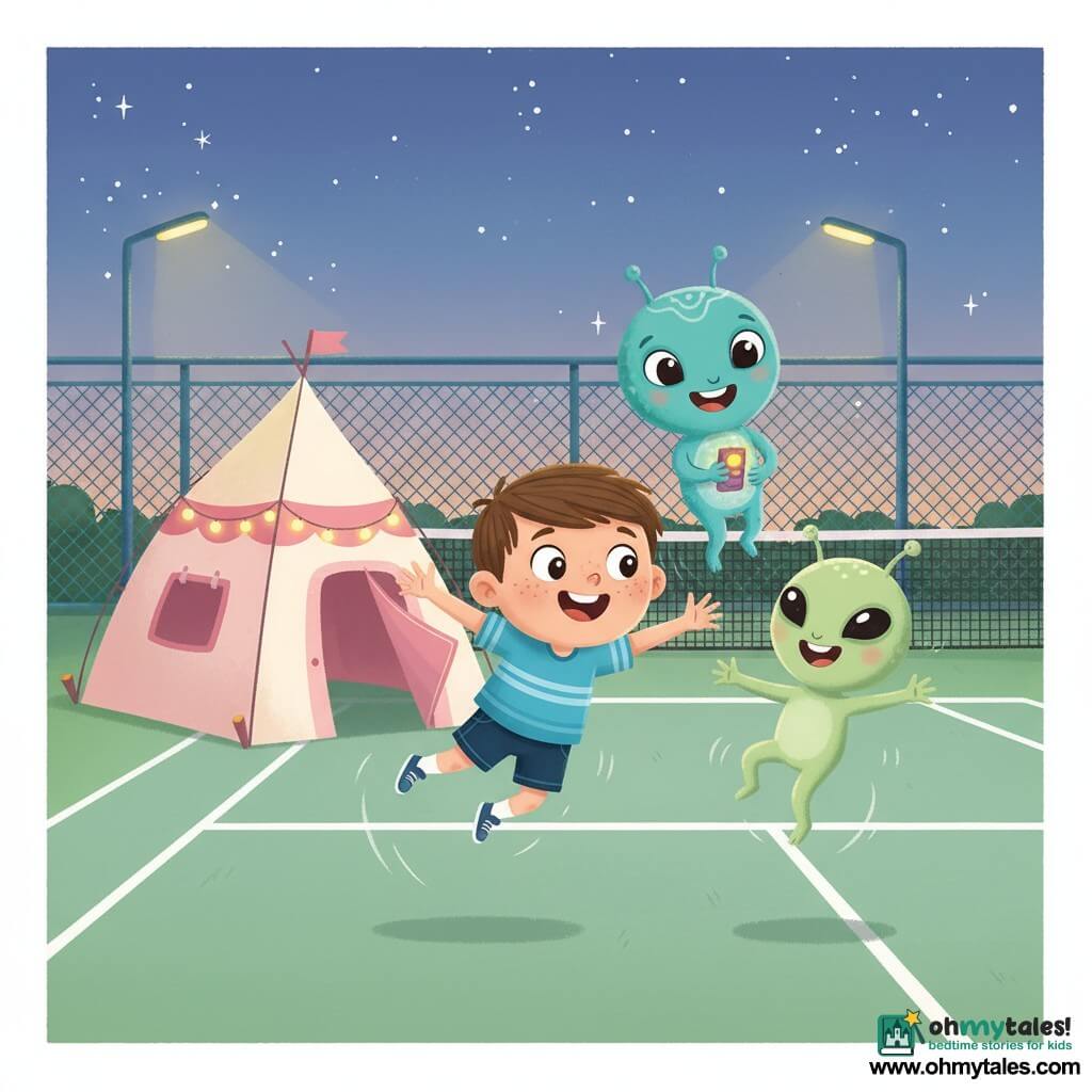A 6-year-old boy with short brown hair, a round freckled face and a delighted smile floats slightly above the ground in a jumping pose with arms outstretched; to his right a small light-green alien with almond black eyes and short antennae laughs and reaches for him, and behind him near a tent a slightly larger turquoise-blue alien with silver markings and a curious smile holds a small glowing gadget; a pastel pink-and-white space tent with twinkling string lights and a partly open door sits at the corner of a transformed tennis court—soft green surface, crisp white lines and a chain-link fence—under a starry twilight sky with soft lamp posts; the scene shows joyful low-gravity play as the three figures gently bounce with laughter and tiny trails of light following their movements.