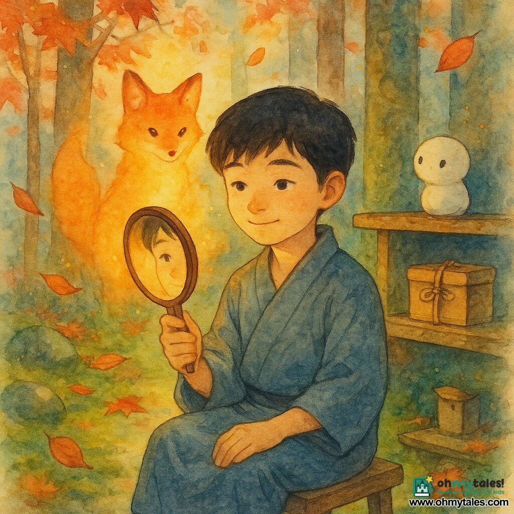 Haru sits on a small wooden stool, gentle-faced with moist, understanding eyes and a faint smile, wearing a simple gray-blue cotton kimono and holding a small polished round wooden mirror to the light; a translucent fox spirit with lantern-orange fur appears between cedar trunks like a luminous brushstroke, a tiny round pale household kami perches on a shelf beside an open wooden box looking curiously at him, and the autumn Japanese garden—deep green moss, red-orange maple leaves spiraling down, a weathered wooden shelf and dew-wet stones—frames the scene as Haru opens the box to find the mirror reflecting his calm face while leaves fall and evening light creates golden reflections on the mirror.