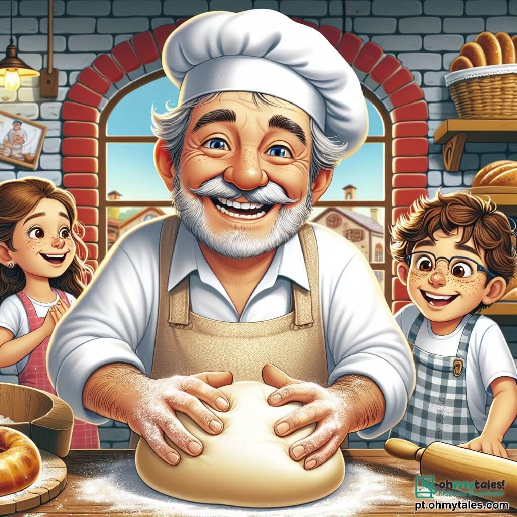 Um homem jovial, Seu Manuel, com um largo sorriso e olhos brilhantes, usa um avental de tecido branco e um chapéu de padeiro. Seus cabelos são levemente grisalhos e ele está amassando uma grande bola de massa, com as mãos enfarinhadas e uma expressão de felicidade no rosto. Ao seu lado, uma menina de 8 anos, Maria, com cabelos castanhos e encaracolados, observa atentamente, com os olhos brilhando de excitação, segurando um pequeno rolo de massa. Um garoto de 7 anos, Lucas, com óculos e sardas, tenta moldar uma massa em forma de gato, rindo de seus próprios esforços. A cena acontece na charmosa padaria "Pão da Alegria", com paredes de tijolos vermelhos, prateleiras de madeira cheias de pães dourados e janelas adornadas com cortinas xadrez. O cheiro delicioso de pão fresco enche o ar, e raios de sol filtram pelas janelas, iluminando o ambiente. A situação principal mostra Seu Manuel ensinando as crianças a amassar a massa, cercado de risadas e alegria, enquanto criam juntos pães em forma de animais, cheios de imaginação e criatividade.