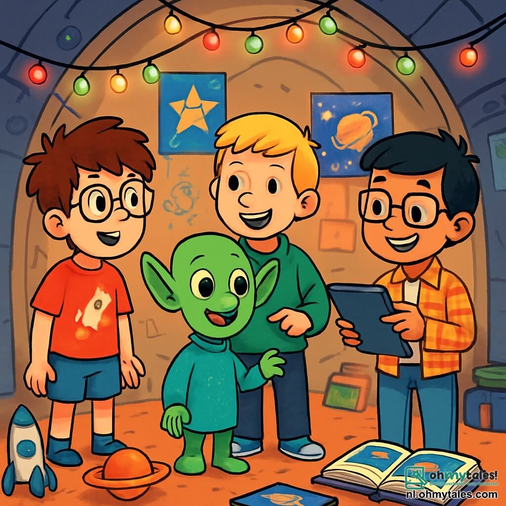 Er zijn 4 personages: - Tim: een 10-jarig jongen met rommelig bruin haar en ronde brillen. Hij draagt een rode t-shirt met een raketlogo en een blauwe short. Hij staat links en kijkt verwonderd naar de alien. - Sam: een 10-jarig jongen met blond haar en sproeten. Hij draagt een groene sweatshirt en een zwarte broek. Hij staat in het midden, glimlacht en wijst naar de alien. - Raf: een 10-jarig jongen met zwart haar en vierkante brillen. Hij draagt een geruit overhemd en een spijkerbroek. Hij staat rechts, houdt een tablet vast en maakt aantekeningen over de alien. - Zog: een kleine groene alien met grote oren en ronde nieuwsgierige ogen. Hij draagt een glanzende tuniek en staat tussen de jongens, verlegen glimlachend. De plek is een oude ruimteschipcapsule, omgevormd tot een geheime club. De muren zijn bedekt met kleurrijke tekeningen en sterrenposters. Flonkerende lichten verlichten het interieur en creëren een magische sfeer. Ruimtelijke speelgoed en boeken over sterrenstelsels liggen verspreid om hen heen. De hoofdscène toont de jongens die Zog, de alien, in hun club verwelkomen. Ze lachen en praten, omringd door speelgoed en boeken, terwijl Zog, nieuwsgierig, de mensen met een grote glimlach observeert.