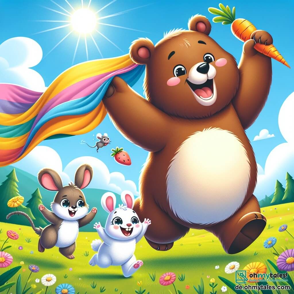 Ein großer Braunbär mit weichem Fell und funkelnden Augen steht inmitten einer schönen sonnigen Wiese und lacht, während er eine große bunte Decke hält. Neben ihm springt ein kleiner weißer Hase mit großen Ohren und einem schelmischen Lächeln vor Freude und hält eine Karotte in seinen Vorderpfoten, während eine kleine graue Maus mit glänzenden, neugierigen Augen sich ihnen nähert und eine saftige Erdbeere hält, beide zeigen einen Ausdruck der Aufregung. Die Szene spielt sich in einer grünen Wiese mit bunten Blumen unter einem hellblauen Himmel mit einigen fluffigen Wolken ab, wo das Gras sanft im leichten Wind tanzt. Die drei Freunde erleben einen lustigen Moment, während sie versuchen, eine durch den Wind davonfliegende Decke einzufangen, lachen und zusammen in einem fröhlichen Durcheinander rennen.