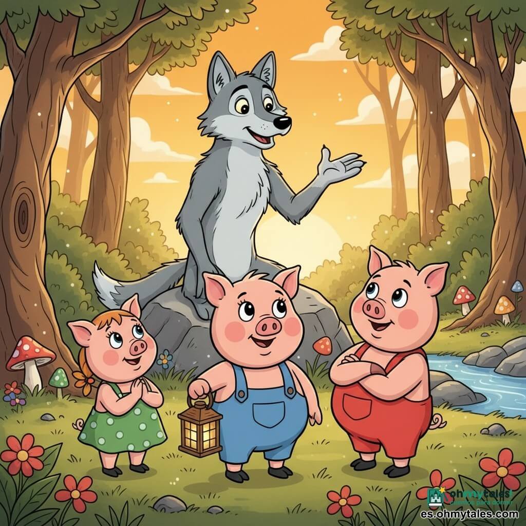 Uno de los tres cerditos (protagonista) es un cerdito chico de rostro redondo, mejillas rosadas y ojos grandes y brillantes, sonriente, con un mono azul y una pequeña linterna de madera en primer plano; a su izquierda está una cerdita más pequeña con vestido verde de lunares y mirada admirativa, y a la derecha un cerdito fornido con mono rojo y brazos cruzados pero con leve sonrisa; el Lobo Sabio es un gran lobo gris de pelaje suave y ojos benevolentes, en calma sobre una roca central levantando una pata mientras habla; todo en una clara en un bosque encantado con troncos retorcidos, hongos coloridos, flores brillantes y un arroyo a la derecha, luz dorada del atardecer, paleta cálida y pastel, contornos negros nítidos y texturas simples estilo dibujo animado de los años 90, escena de reconciliación sin personajes humanos.