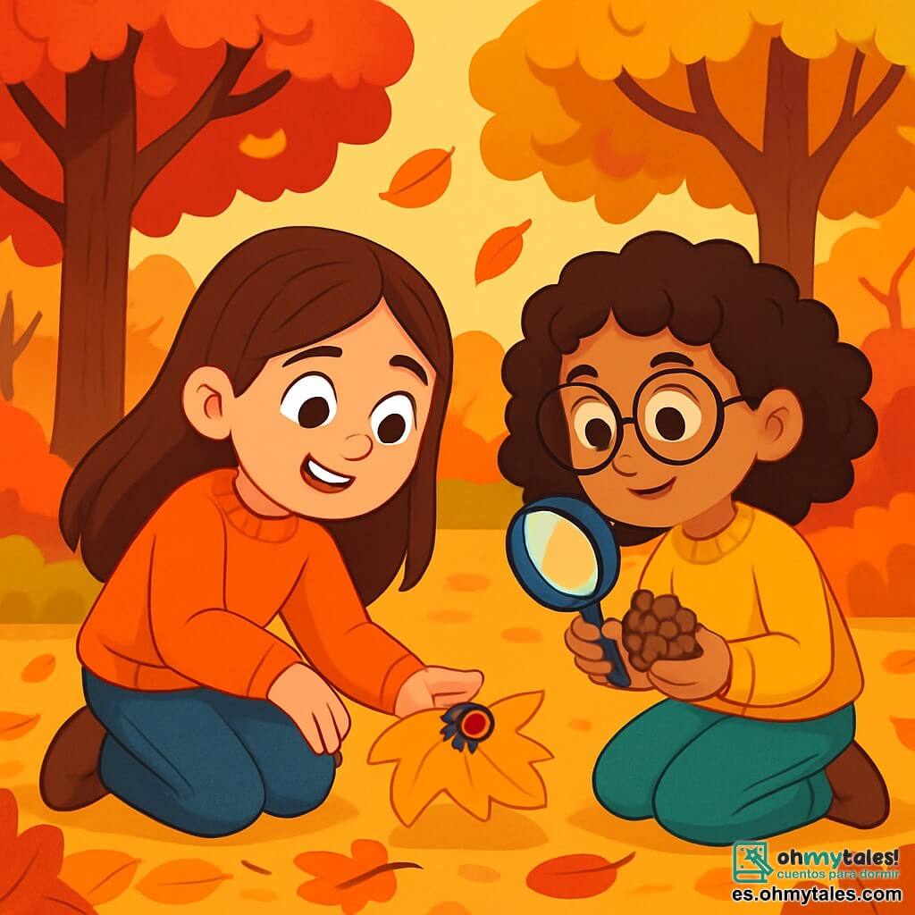 Una niña de 10 años, llamada Sofía, con largos cabellos castaños y ojos brillantes de curiosidad, está agachada en un parque de otoño. Lleva un suéter naranja brillante y pantalones de mezclilla, sonriendo con asombro al observar una mariquita roja sobre una hoja dorada. A su lado, su mejor amiga Lucía, también de 10 años, con cabello rizado y gafas redondas, sostiene una pequeña lupa y mira atentamente una piña que encontró. El parque está lleno de árboles majestuosos con hojas brillantes en tonos rojos, naranjas y amarillos, y el suelo está cubierto de un tapiz de hojas crujientes. Sofía y Lucía exploran alegremente la naturaleza, descubriendo los tesoros del otoño, rodeadas del aire fresco y el suave sonido de las hojas que caen.