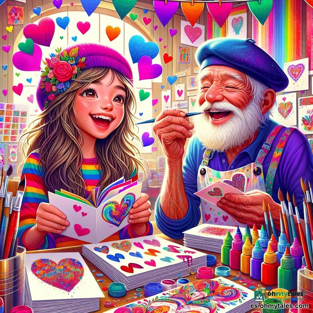 Una niña de 12 años, Lucía, con largos cabellos castaños y ojos brillantes de alegría, se encuentra en el centro de la imagen, sosteniendo una caja llena de tarjetas de colores. Su radiante sonrisa y mejillas ligeramente sonrojadas reflejan su emoción y determinación. A su lado, un hombre mayor, Don Pascual, con barba blanca y una boina colorida, pinta pequeños corazones en una tarjeta, riendo alegremente. Está ligeramente inclinado, concentrado en su trabajo, y lleva una bata manchada de pintura. Al fondo, un laboratorio creativo rebosa de colores vivos, con tubos de pintura, pinceles y papeles de todo tipo, creando una atmósfera alegre e inspiradora. La escena representa a Lucía preparando tarjetas de San Valentín para sus amigos, rodeada de un torbellino de creatividad y felicidad, ilustrando el espíritu de la amistad y la celebración.