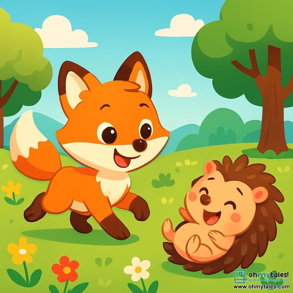 A small bright orange fox named Felix, with shiny fur and sparkling eyes, joyfully smiles while playing in a green field. He runs enthusiastically, his fluffy tail wagging behind him. Next to him is a small brown hedgehog named Hazel, with soft spines and a shy face, watching in wonder, her eyes shining with happiness. She gently rolls on the ground, laughing joyfully. The setting is a vast sunny field dotted with colorful flowers and majestic trees in the background, under a bright blue sky. In the distance, soft hills and fluffy white clouds can be seen. The main scene shows Felix and Hazel playing together, illustrating friendship and tolerance, with bursts of laughter and radiant smiles, celebrating their differences in an enchanting setting.