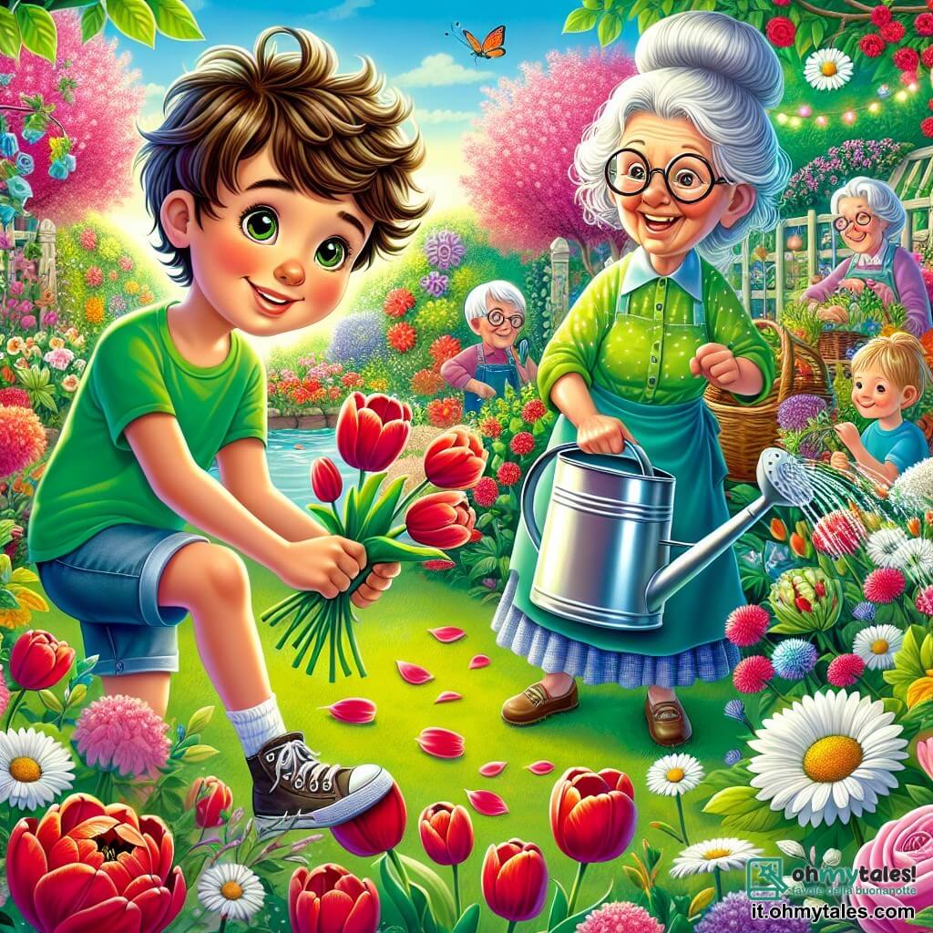 Un ragazzo di 10 anni, di nome Luca, si trova al centro di un giardino colorato, con un grande sorriso sul volto. Ha capelli castani disordinati, occhi curiosi e indossa una maglietta verde brillante e pantaloni di jeans. Sta creando una corona di fiori con tulipani e margherite, circondato da petali sparsi. Accanto a lui c'è la gentile vicina, la signora Rosa, una donna di circa 60 anni, con capelli argentati raccolti e occhiali rotondi. Annaffia i fiori con un annaffiatoio di metallo lucido, sorridente e piena di vita, mentre spiega a Luca l'importanza delle tradizioni primaverili. Il giardino è un vero e proprio quadro di colori vivaci, con tulipani rossi, rose rosa e margherite bianche che danzano al vento. Gli alberi in fiore aggiungono un tocco di magia, mentre il sole splende nel cielo blu. La scena principale mostra Luca e la signora Rosa mentre preparano una festa di primavera, circondati da fiori brillanti e risate, illustrando la gioia di celebrare la natura e l'amicizia.