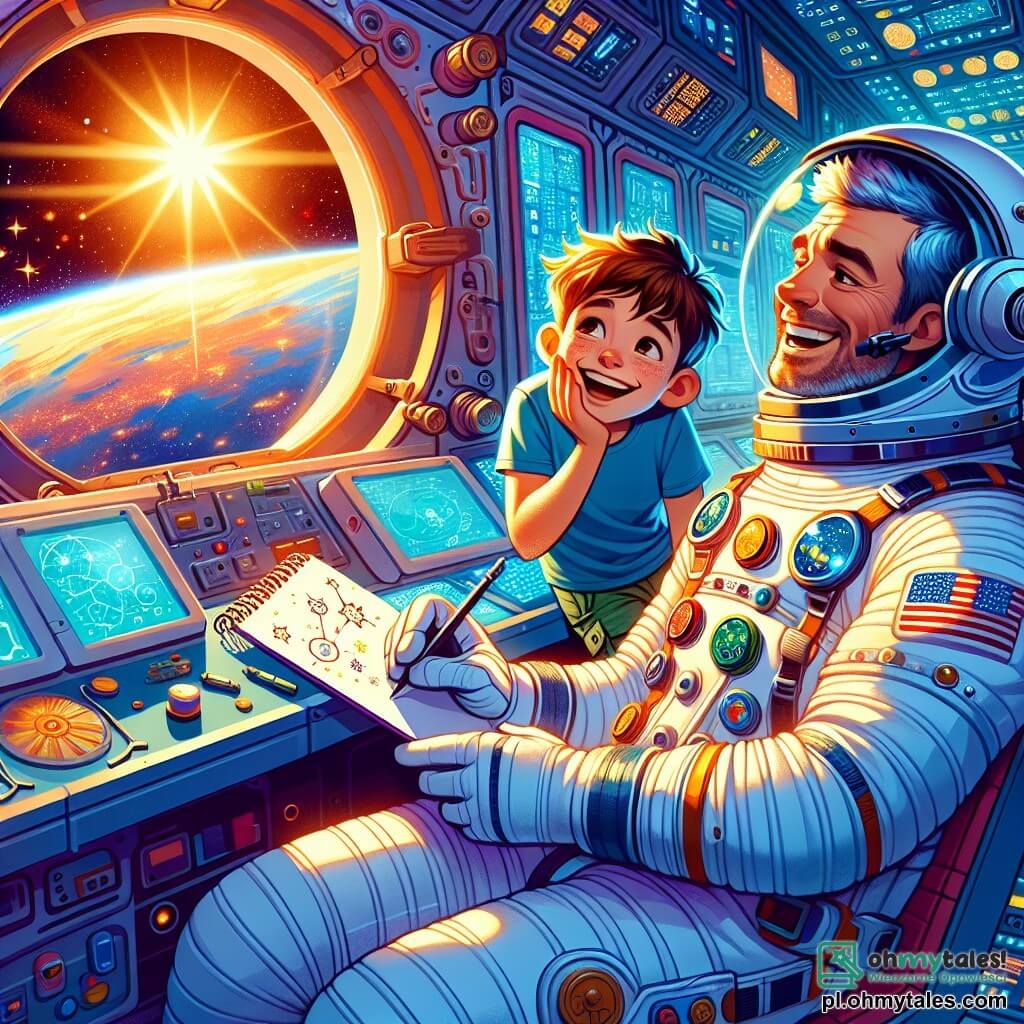 Mężczyzna astronauta, około 40-letni, w błyszczącym hełmie i białym skafandrze ozdobionym kolorowymi łatami, radośnie unosi się w kabinie stacji kosmicznej. Jego twarz wyraża zdumienie i ciekawość, a oczy błyszczą radością, gdy patrzy na ekran kontrolny wypełniony fascynującymi danymi. Obok niego młody chłopiec, 10-letni, z rozczochranymi brązowymi włosami i promiennym uśmiechem, z fascynacją obserwuje. Ma na sobie niebieską koszulkę i spodnie cargo, trzyma mały szkicownik, w którym rysuje gwiazdy i planety. Scena rozgrywa się wewnątrz stacji kosmicznej, gdzie ściany pokryte są panelami technologicznymi i oknami oferującymi spektakularny widok na błękitną Ziemię poniżej, oświetloną słońcem. Wokół nich unoszą się instrumenty naukowe, tworząc atmosferę odkrycia i przygody. Główna sytuacja pokazuje astronautę dzielącego się pasjonującymi historiami o eksploracji kosmosu z młodym chłopcem, który słucha uważnie, z szeroko otwartymi oczami, marząc o zostaniu astronautą pewnego dnia.