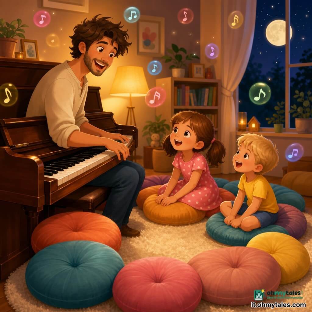 Un cantante-musicista sorridente e gentile, capelli castani spettinati e barba leggera, suona e canta al pianoforte verticale in legno lucido; di fronte a lui, Giulia (circa 8 anni) in vestito rosa a pois con codine, seduta al centro di una grande corona di cuscini colorati, e Tommaso (circa 5 anni) in maglietta gialla e short blu, seduto su un cuscino accanto a lei che ride e guarda i tasti; salotto accogliente di sera con luce calda da abat-jour, tappeto crema, scaffali con libri e una finestra sulla luna; atmosfera di piccolo concerto familiare, magica e dolce, note visibili come piccole bolle colorate che fluttuano; palette calda (ocra, corallo, rosa pallido) con accenti blu notte e tocchi dorati, texture morbide e forme arrotondate, composizione centrata su pianoforte e corona di cuscini con leggera prospettiva dall'alto.