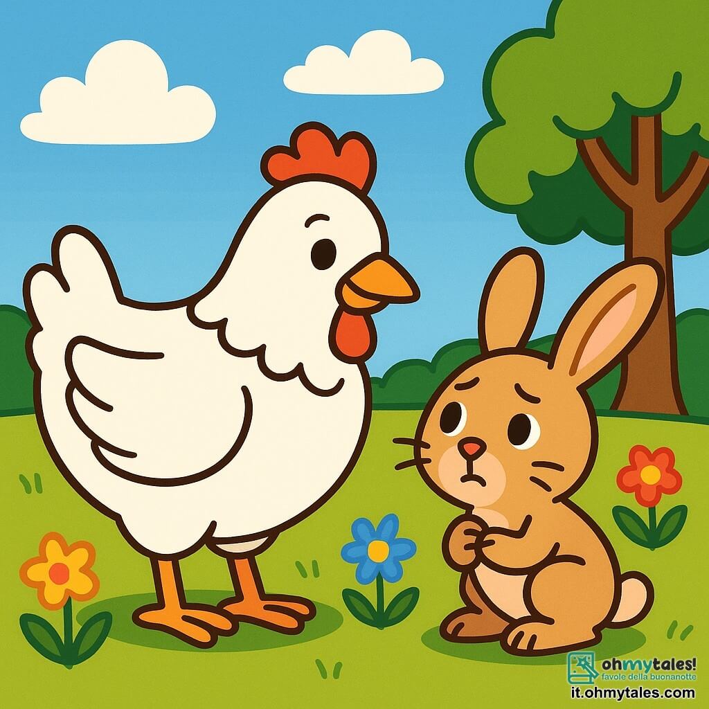 Una gallina di nome Bianca, con piume bianche brillanti e uno sguardo dolce e determinato, si trova al centro dell'immagine, sorridente e pronta ad aiutare. Accanto a lei, un coniglietto dalle grandi orecchie e dal pelo marrone chiaro, con un'aria preoccupata ma riconoscente, guarda Bianca con ammirazione. Sullo sfondo, un campo verde si estende sotto un cielo blu chiaro, punteggiato di nuvole bianche e soffici, con fiori colorati che danzano al vento. La scena mostra Bianca che tende il collo verso il coniglietto, pronta ad aiutarlo a ritrovare la sua mamma, mentre alberi maestosi fiancheggiano il campo, creando un'atmosfera calda e accogliente.