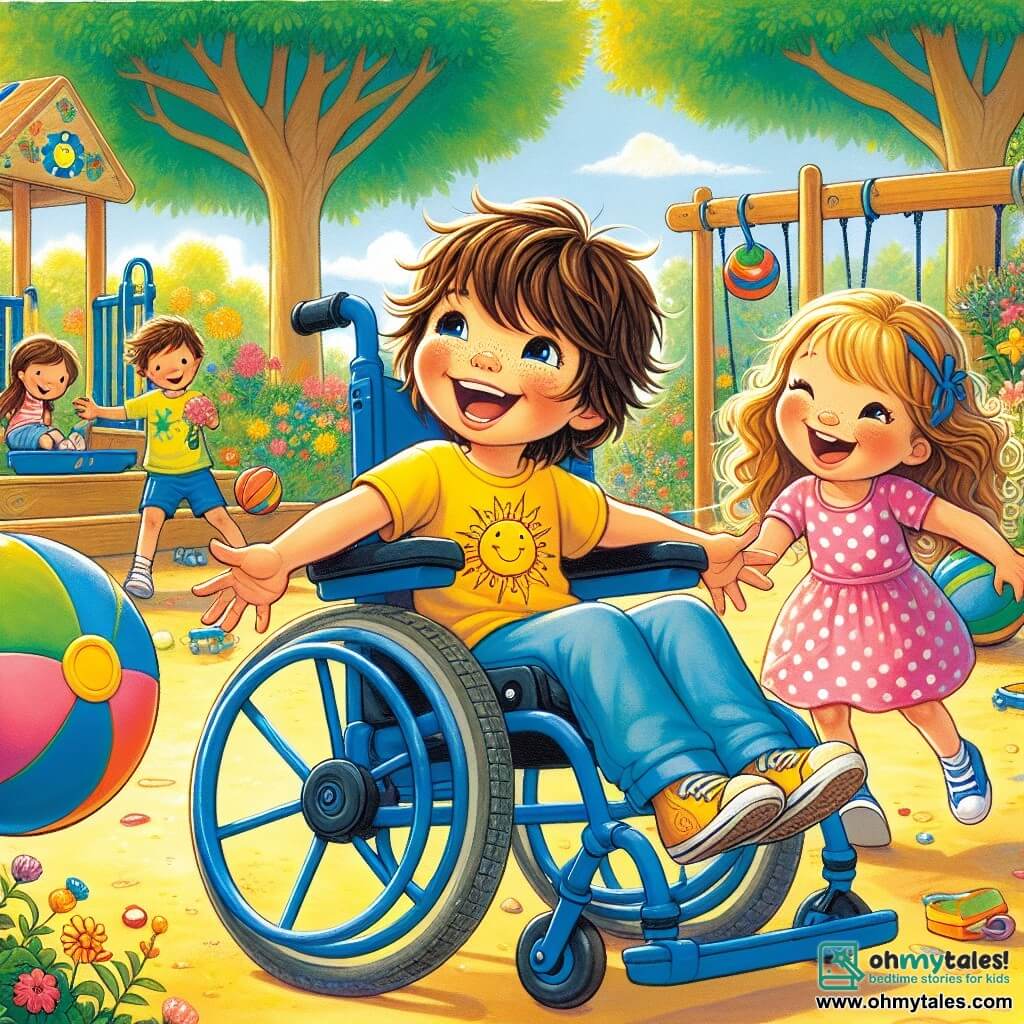 A 4-year-old boy named Leo is sitting in his bright blue wheelchair, with a big smile on his face. He has messy brown hair and is wearing a yellow t-shirt with a sun drawn on it. Leo is rolling a large colorful ball towards his friends, full of excitement and joy. Next to him is Mia, a 5-year-old girl with long blonde hair, wearing a pink polka dot dress. She laughs as she waits for the ball to come back to her, arms open, ready to play. A little further away, Max, a 4-year-old boy with curly hair and a green t-shirt, is about to catch the ball, his eyes sparkling with enthusiasm. The scene takes place in the sunny garden of the Sunshine Club, filled with colorful flowers and large trees. Wooden games and benches are scattered around, creating a joyful and welcoming atmosphere. Leo, Mia, and Max are playing together, laughing and having fun throwing the ball, showing that friendship and play have no limits, regardless of differences.