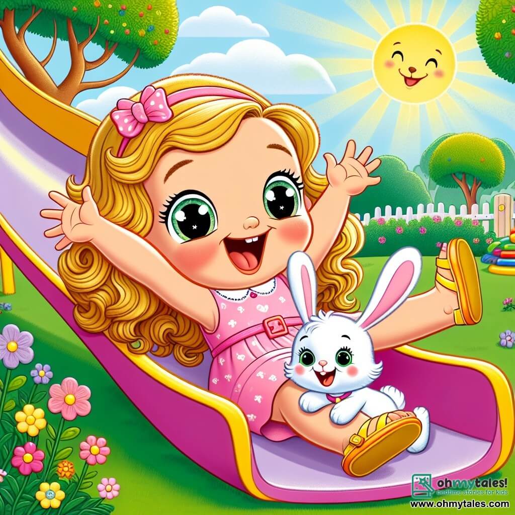 A 3-year-old girl with bright, large eyes and golden curls expresses radiant joy as she slides down a colorful slide. She wears a pink dress with white polka dots and yellow sandals, her arms raised in a victory sign. Next to her, a small stuffed rabbit named Benny, with white fur and long, soft ears, jumps for joy on the green grass, encouraging Lily with a big smile. The setting is a sunny park filled with colorful flowers, tall trees with lush green leaves, and a blue sky dotted with fluffy clouds. The main scene shows Lily, full of confidence, enthusiastically sliding down the slide while Benny cheers her on, illustrating the theme of self-confidence and friendship.