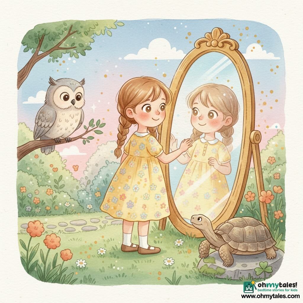 A 6-year-old girl with large bright eyes smiles softly, light brown hair in two braids and a yellow dress dotted with small flowers, standing before a large gilded antique mirror set in the grass and reaching toward her reflection; an old owl with soft gray-and-cream feathers perches on a low branch to the left watching with tilted head and round eyes, and an aged turtle with a wrinkled shell rests by a stone to the right with a foreleg on a clover leaf. The secret garden at twilight has green grass sprinkled with daisies, pastel flower beds and a small stone path; the mirror reflects a pink-blue sky, gentle light falls on the girl's face as she understands something, and soft watercolor blurs and light splashes around the mirror suggest magic.